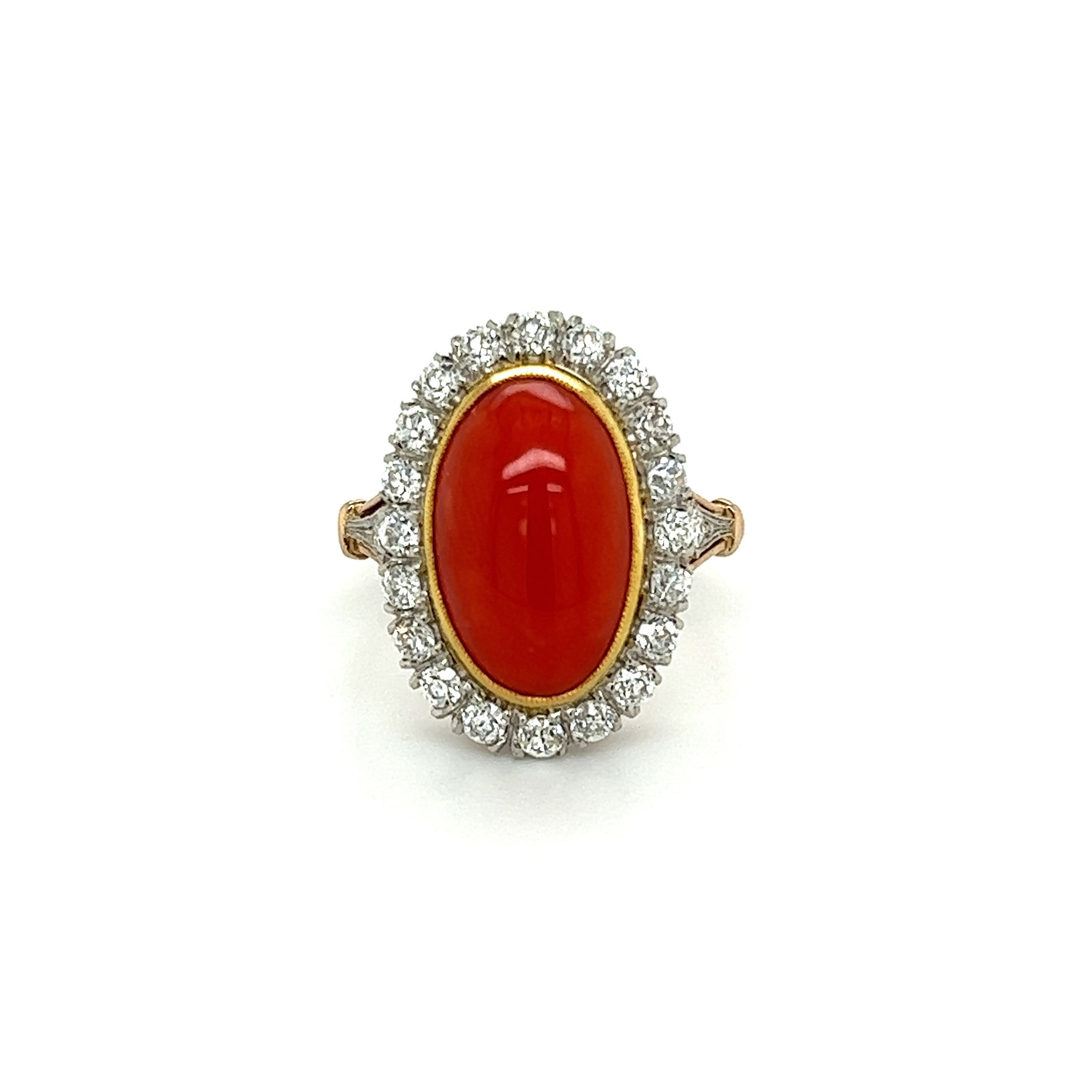 Platinum on 18K 3.66ct Oval Red Coral & .70tcw OEC Diamond Ring 5.5g, s6.5