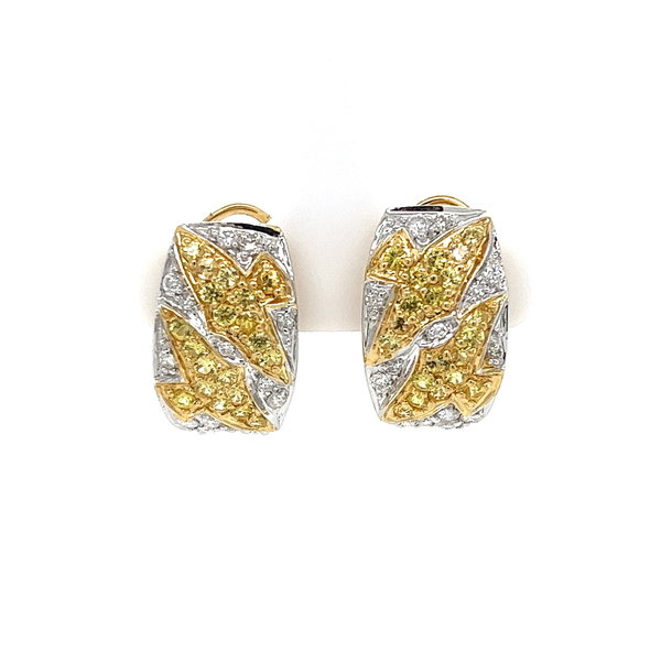 Closeup photo of 18K 2tone .70tcw White Diamond & 1.50tcw Yellow Sapphire DOVES Post & Clip Earrings 9.0g