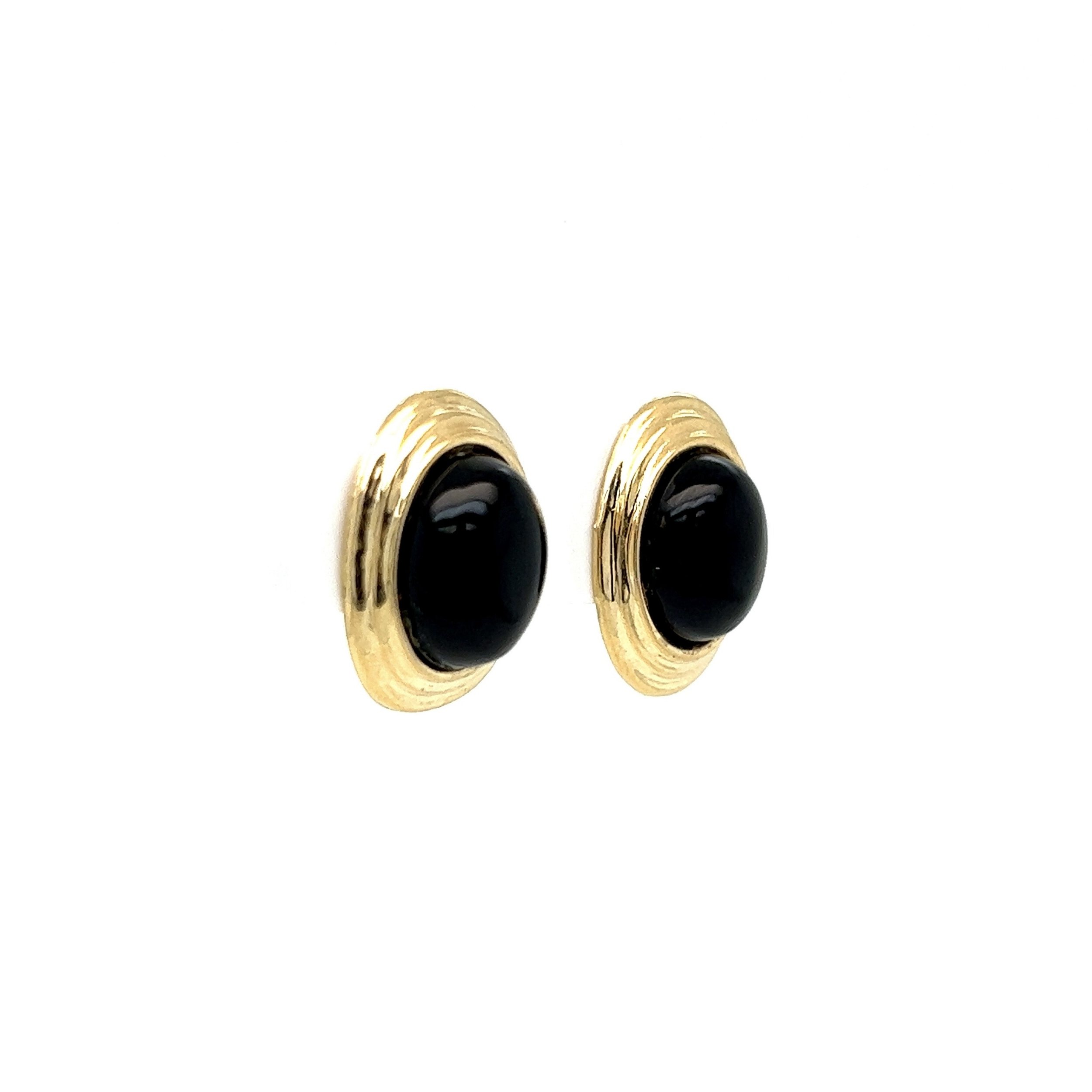 14K YG Oval Cabochon Onyx Earrings 1.9g, 16mm