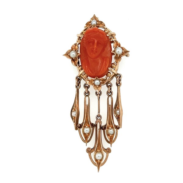 Closeup photo of 14K RG Victorian Carved Coral & Seed Pearl Brooch Pendant 9.4g, 54mm