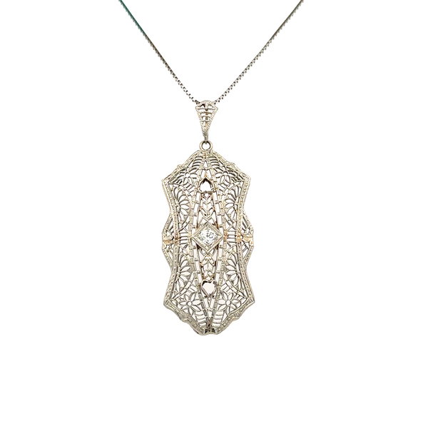 Closeup photo of 14K WG Art Deco Filigree .14ct Diamond Pendant Necklace 5.7g, 18"