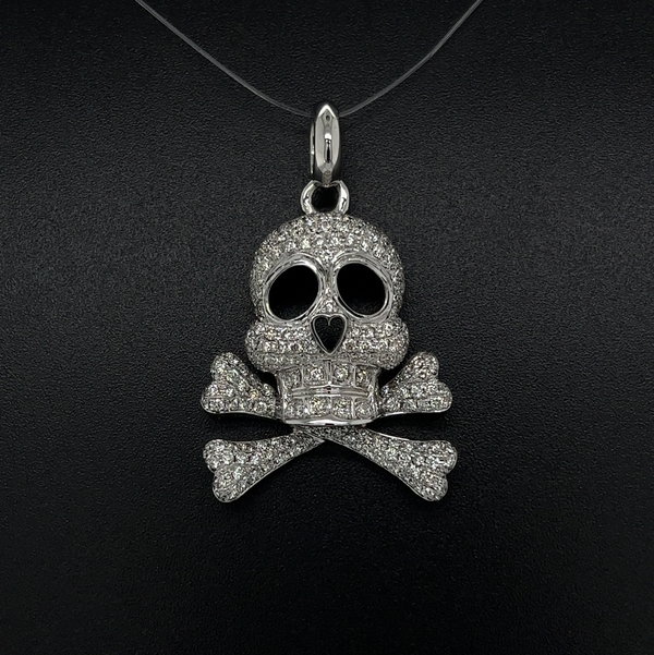 Closeup photo of 18K WG 1.65tcw Pave Diamond Skull & Cross Bones Pendant 7.2g
