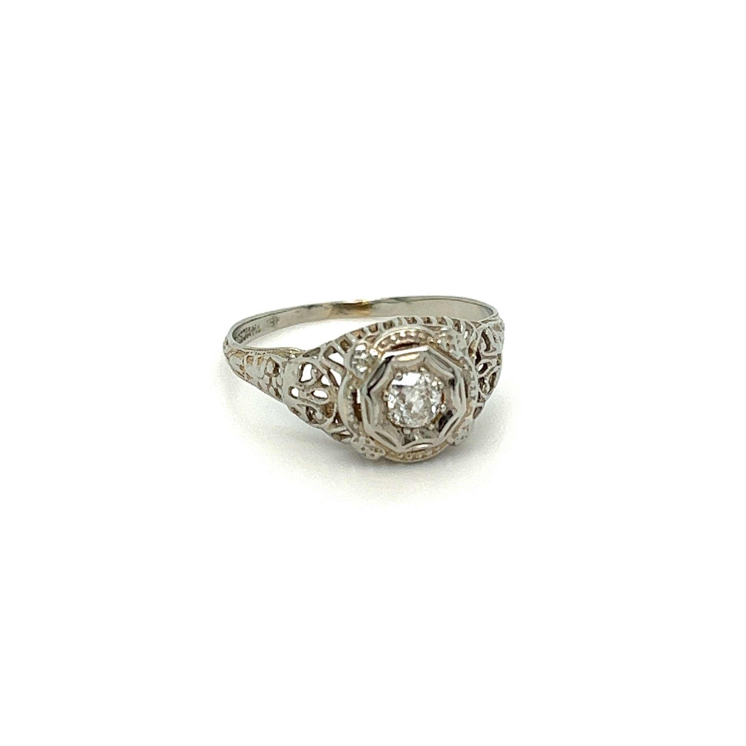 18K WG Art Deco Bud & Blossom .30ct Antique Diamond Ring 2.3g, s8