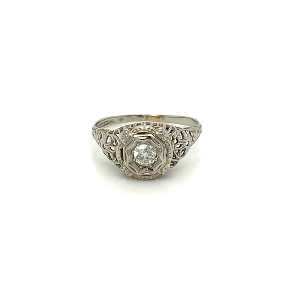 Closeup photo of 18K WG Art Deco Bud & Blossom .30ct Antique Diamond Ring 2.3g, s8