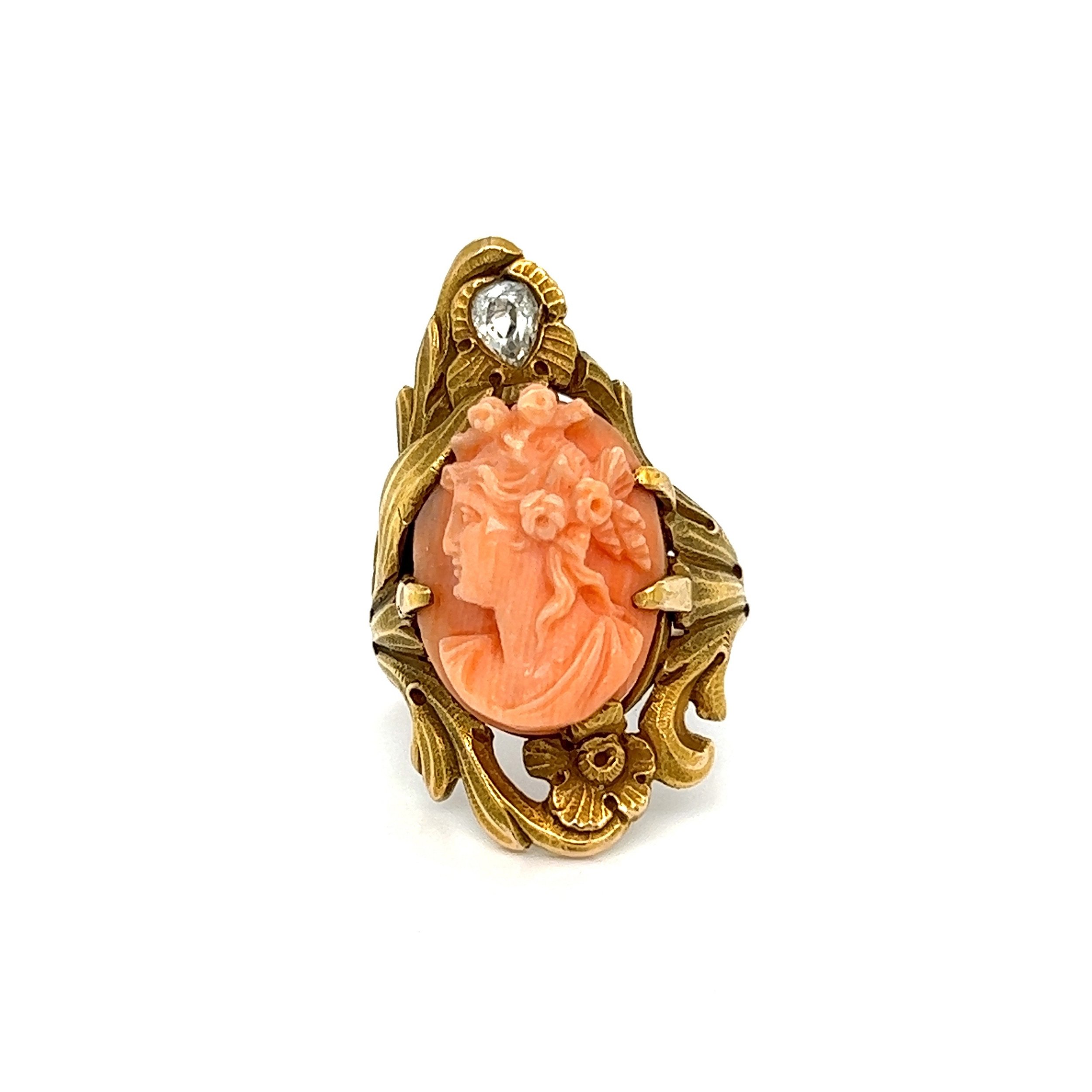 14K YG Art Nouveau Carved Coral & .32ct Old Mine Diamond Scroll Ring 5.9g, s5.75