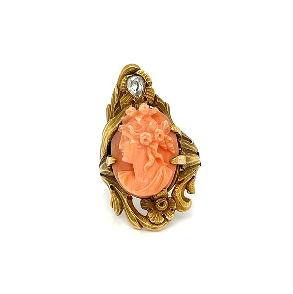 Closeup photo of 14K YG Art Nouveau Carved Coral & .32ct Old Mine Diamond Scroll Ring 5.9g, s5.75