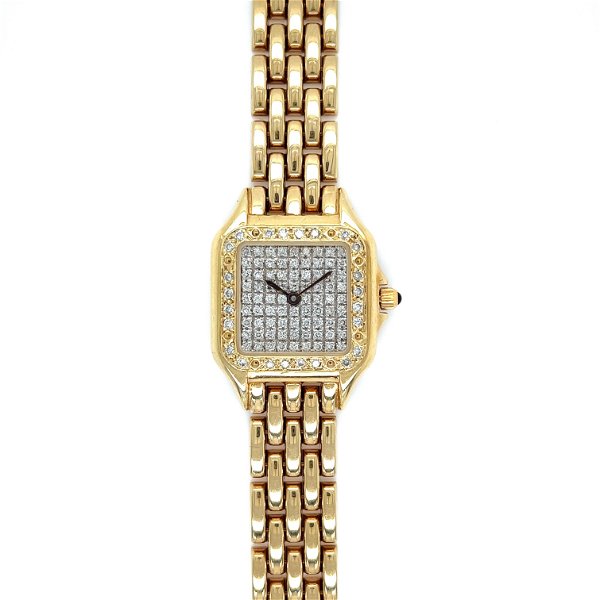 Closeup photo of 14K YG Italian Cartier Panthere Style .60tcw Diamond Dial & Bezel Watch 44.3g