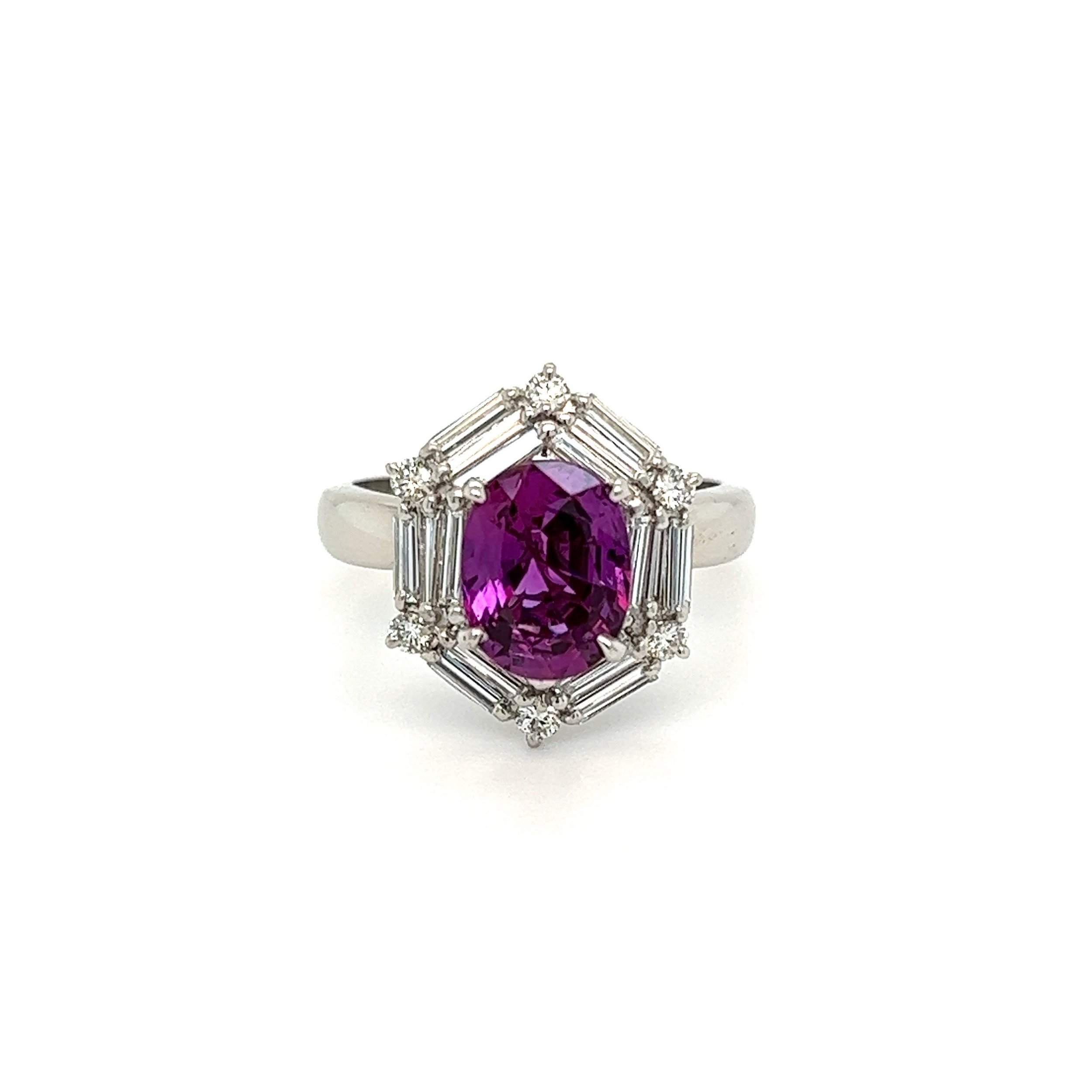 Platinum 2.30ct Oval Purple Sapphire GIA & .64tcw Baguette & Round Diamond Ring 6.0g, s6.25