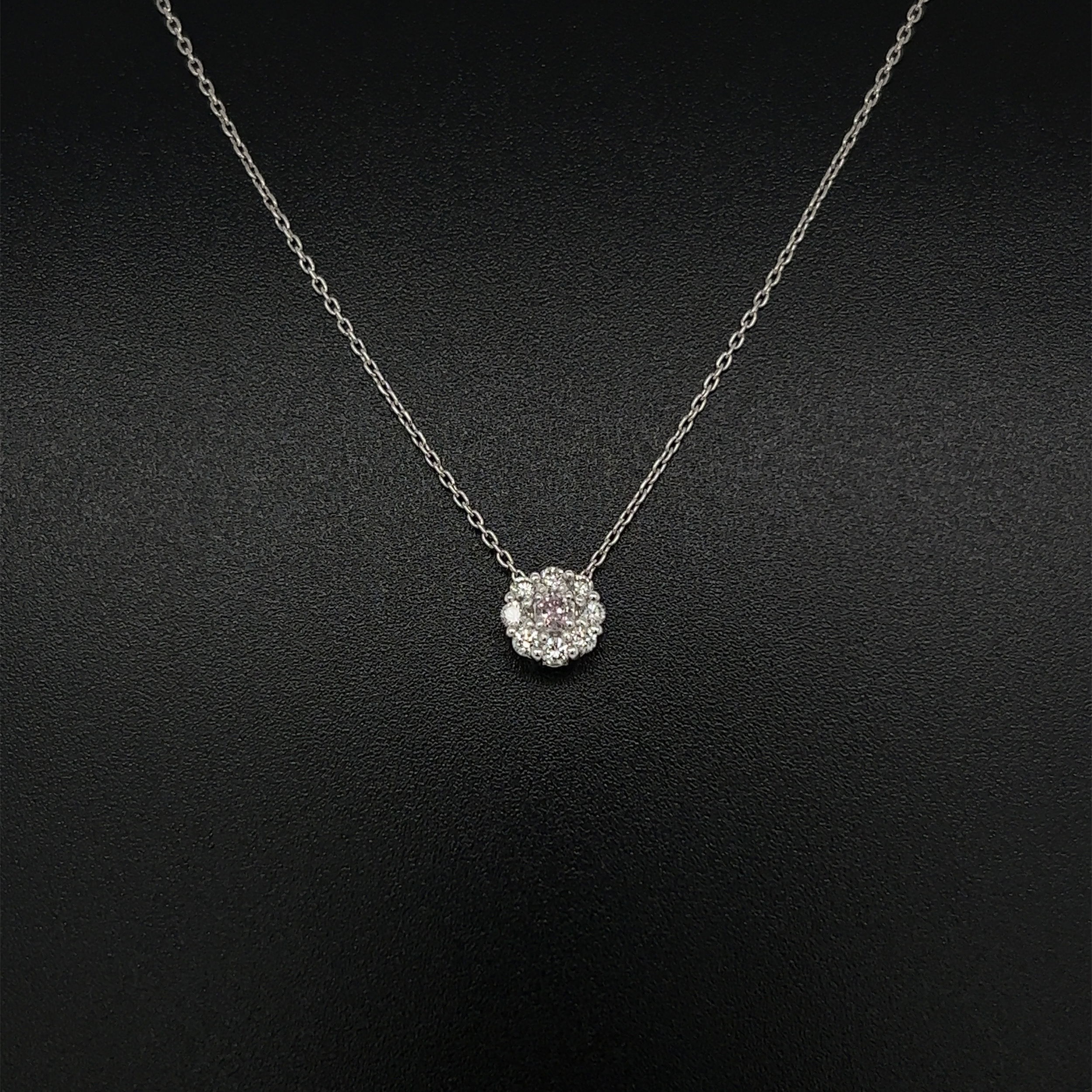 Platinum .04ct Fancy Light Purplish Pink Round Diamond & .15tcw Diamond Halo Necklace 1.9g, 16" Platinum .04ct Fancy Light Purplish Pink Round Diamond & .15tcw Diamond Halo Necklace 1.9g, 16"