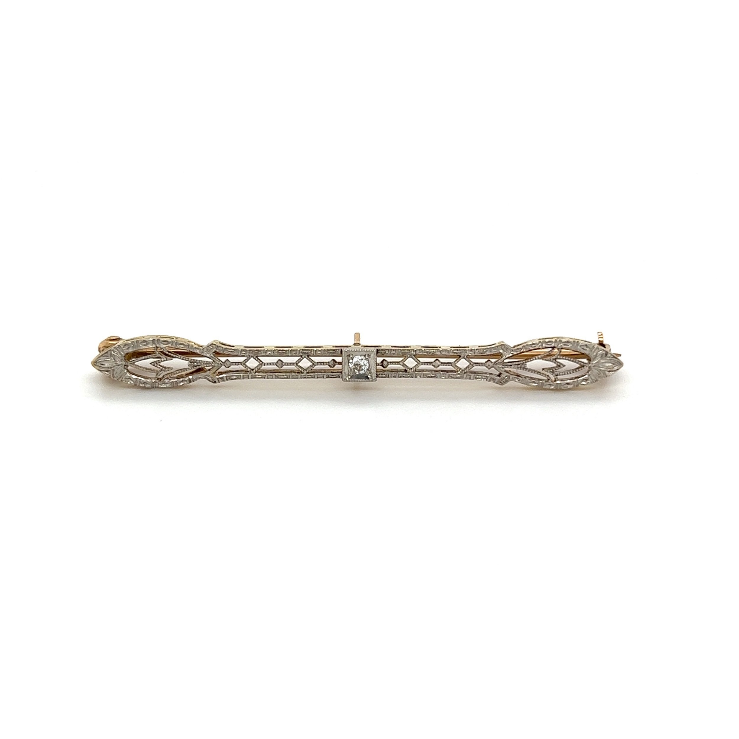 14K 2tone Art Deco .04ct Diamond Bar Pin Brooch 2.6g, 2"