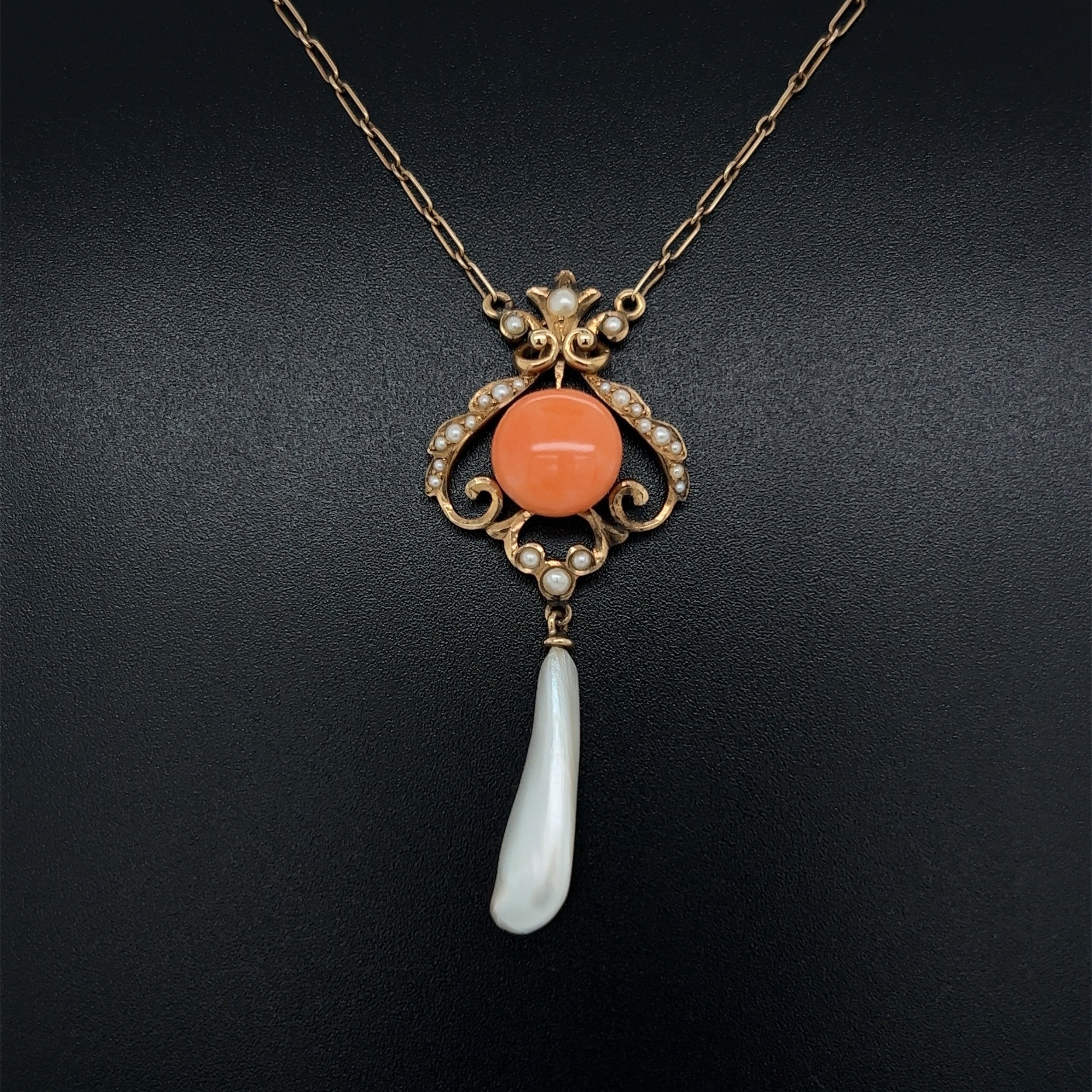 14K YG Victorian Coral Button, Seed Pearl & Pearl Drop 4.3g, 16"
