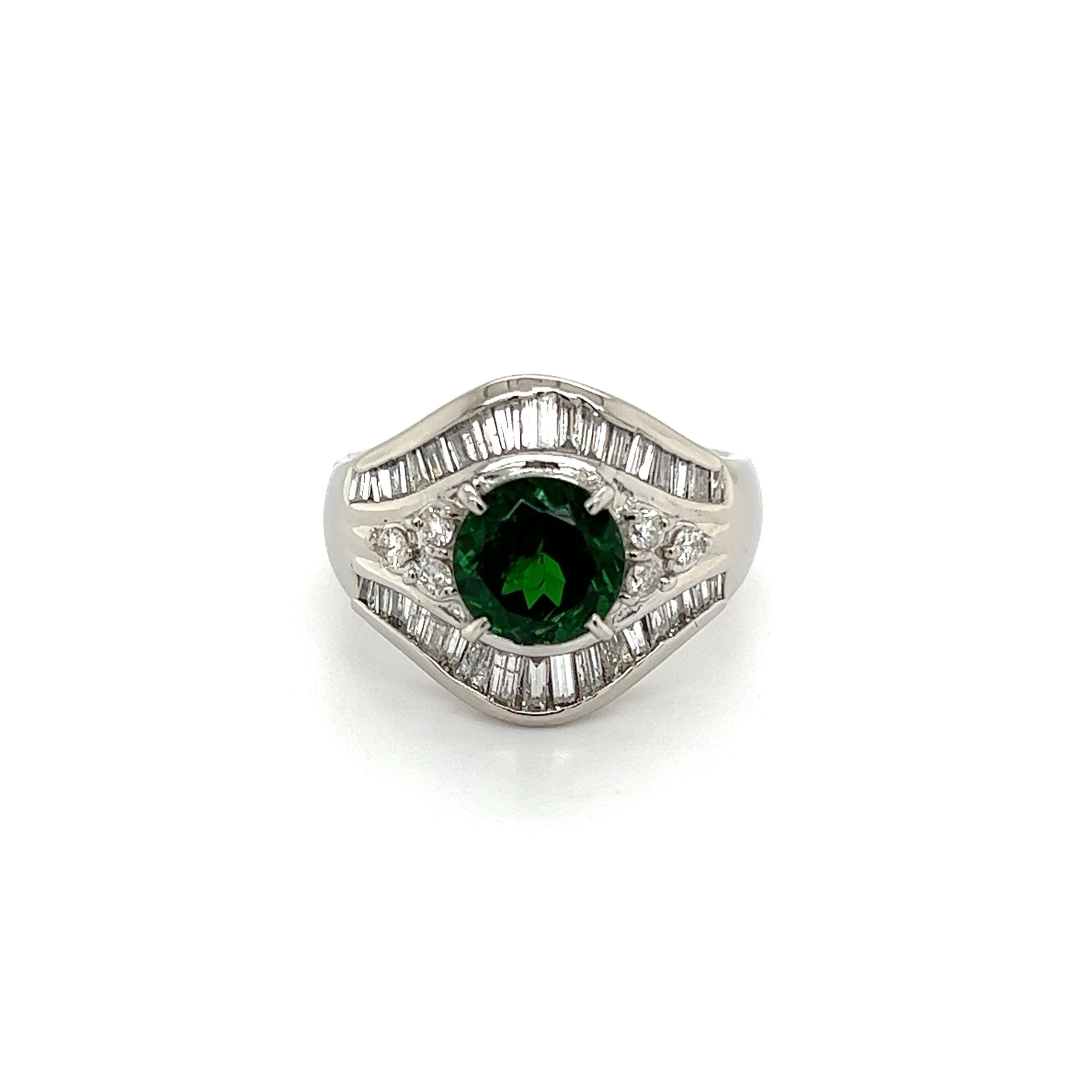 Platinum 1.96ct Round Tsavorite Garnet & .86tcw Baguette & Round Diamond Ring 11.3g, s6.75