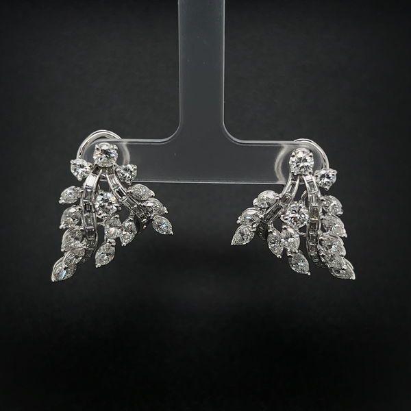 Closeup photo of Platinum 7.60tcw Baguette, Marquis & Round Diamond Spray Earrings 14.8g, 1.25"
