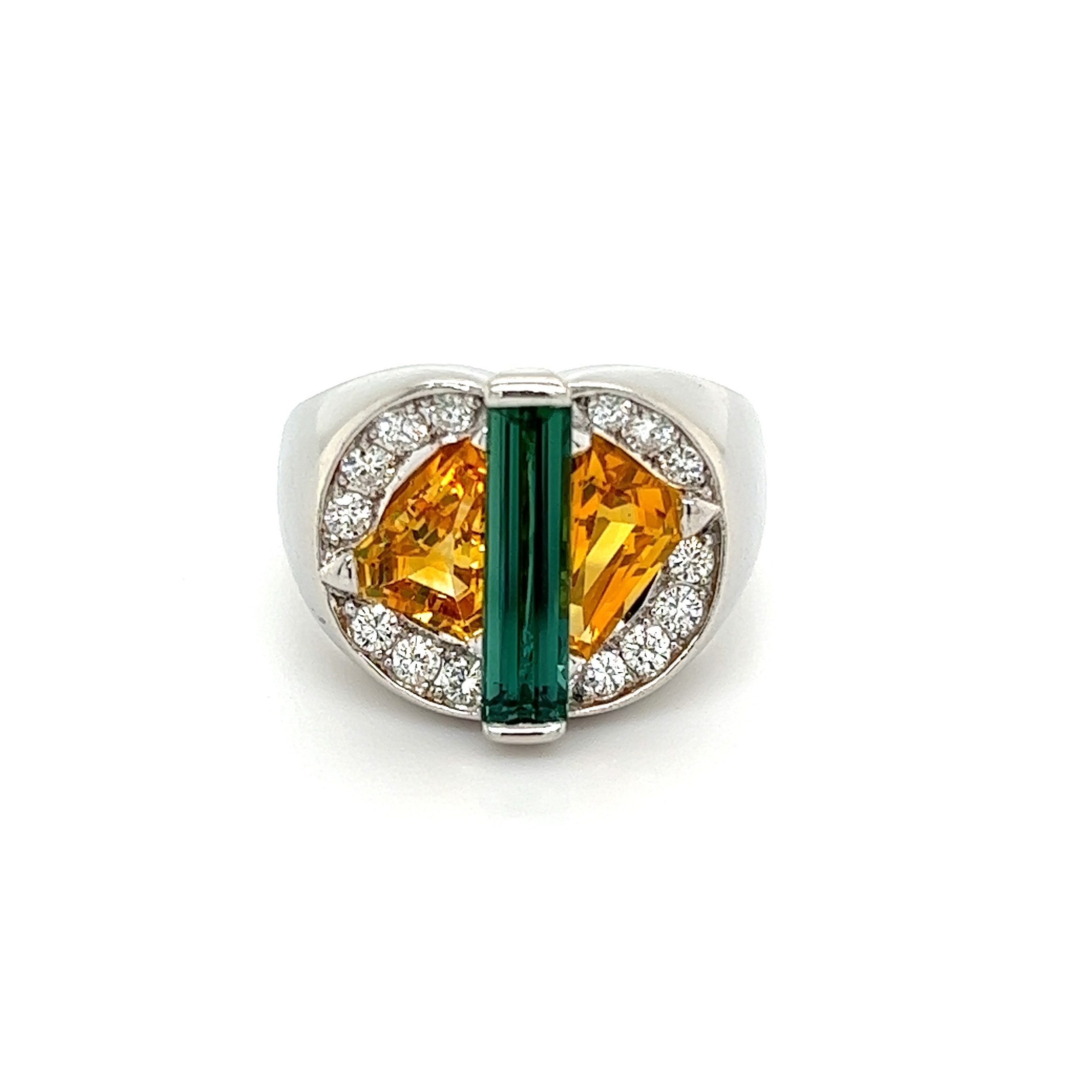 Platinum Modern .95ct Green Tourmaline, 2.26tcw Yellow Sapphire & .31tcw Diamond Ring 10.2g, s6.25