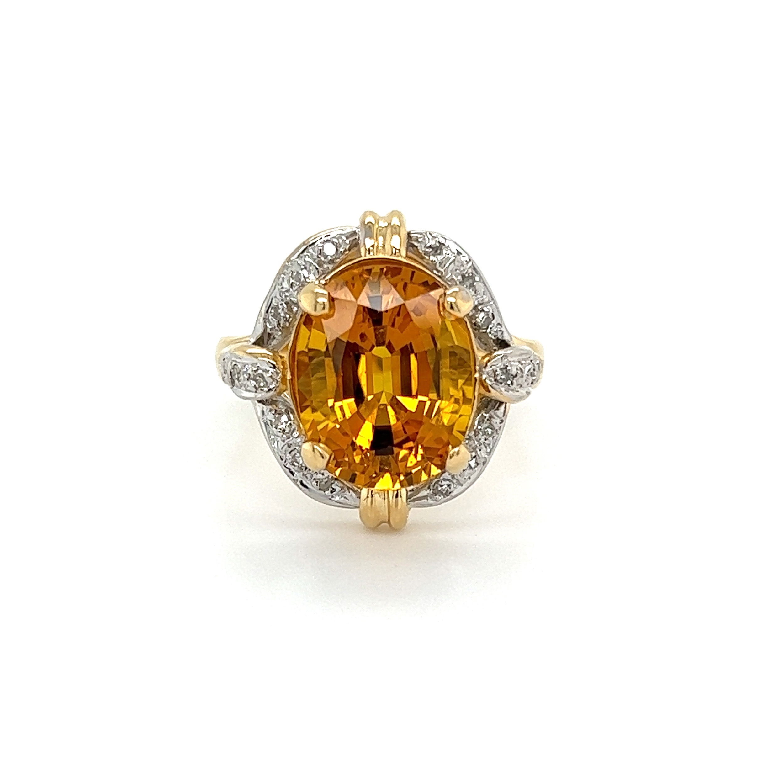 18K YG 6.92ct Oval Vivid Orange Yellow Sapphire & .10tcw Diamond Vintage Ring 6.2g, s8.25