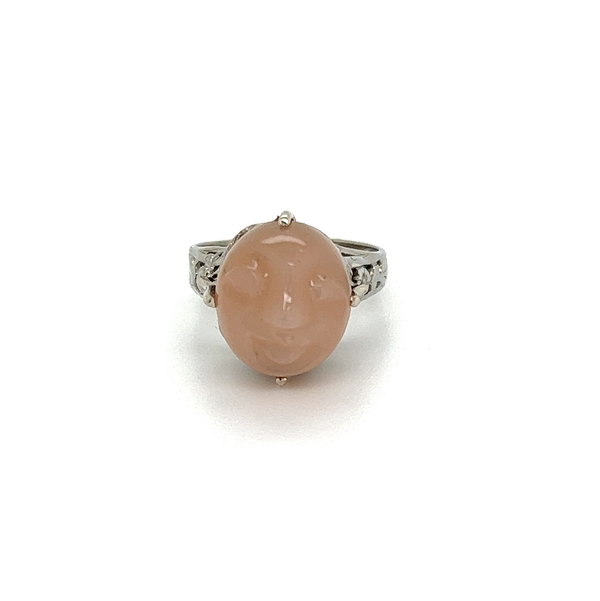 Closeup photo of 18K WG 5.00ct Moon Face Carved Moonstone in Art Deco Ring 3.4g, s3.5