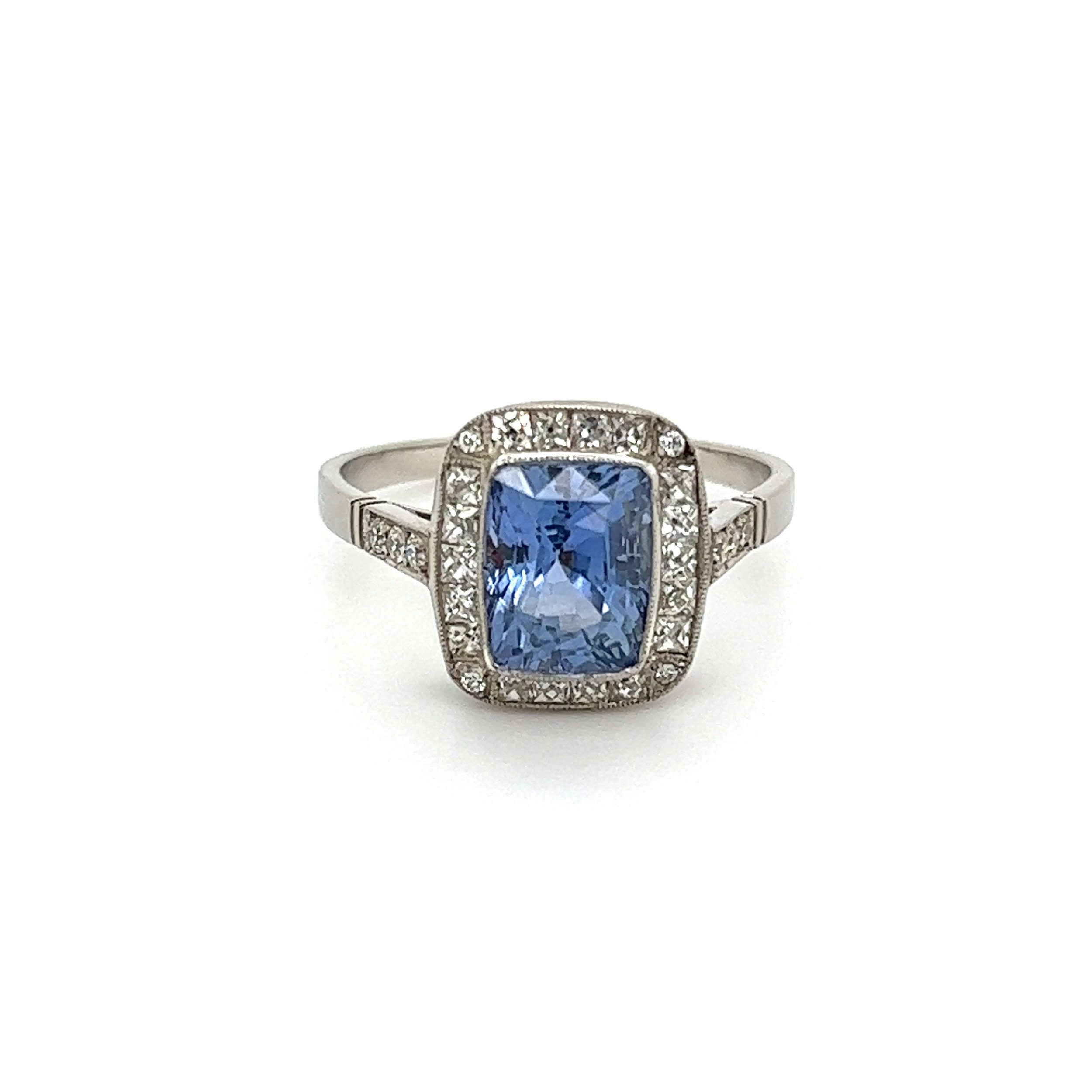Platinum 2.90ct Cushion Sapphire, .50tcw French Cut & OEC Diamond Ring 4.4g, s7.25