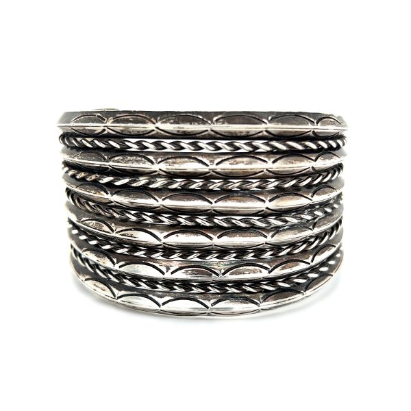 Closeup photo of 925 Sterling Native 11 Row Engraved 7 Rope Design Cuff 82.9g, 1.7" wide