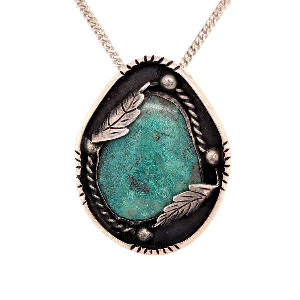 Closeup photo of 925 Sterling Native Turquoise & Leaf Design Pendant Necklace 69.0g, 28"