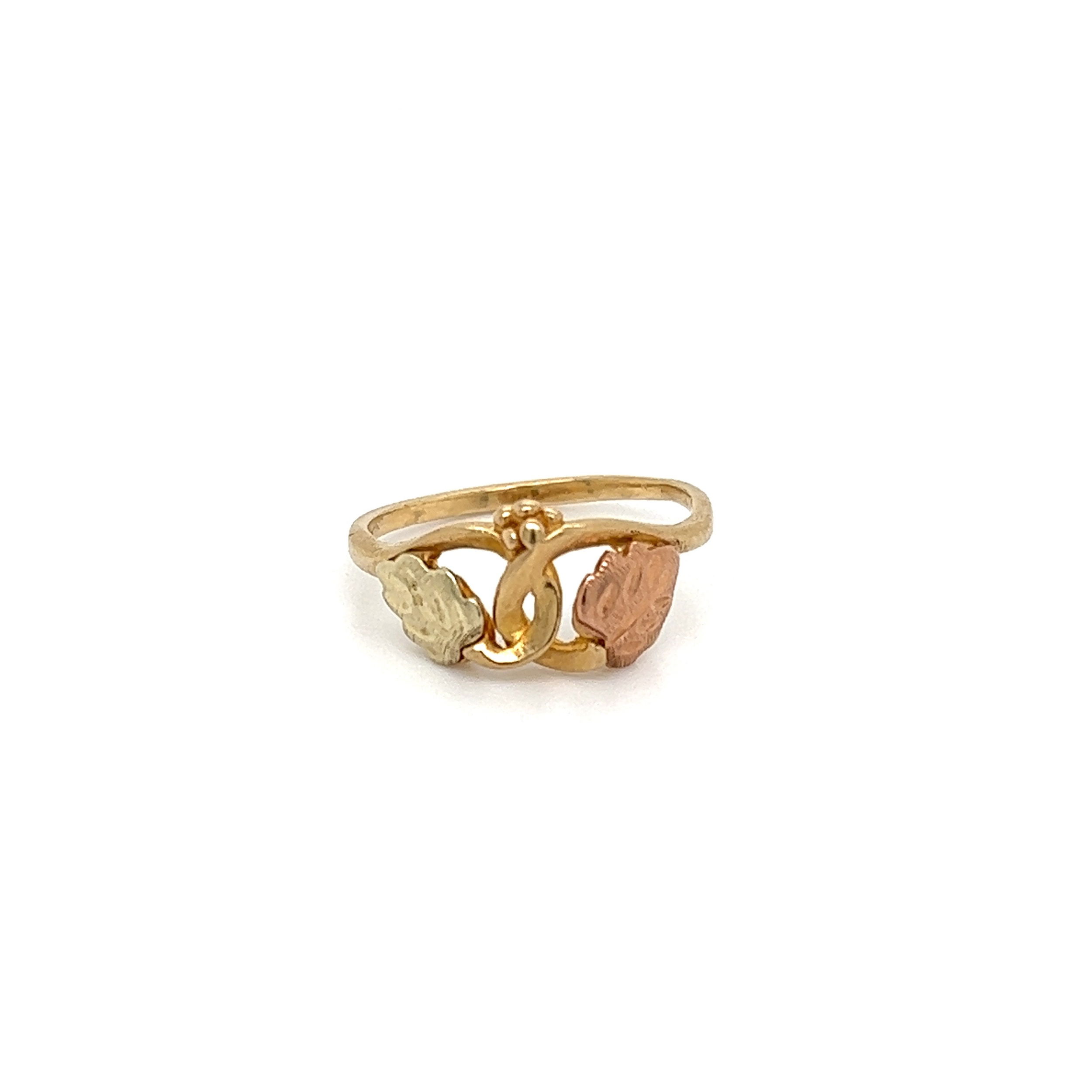10K 2tone Black Hills Green & Rose Gold Leaf Crossover Ring 1.6g, s5 10K 2tone Black Hills Green & Rose Gold Leaf Crossover Ring 1.6g, s5