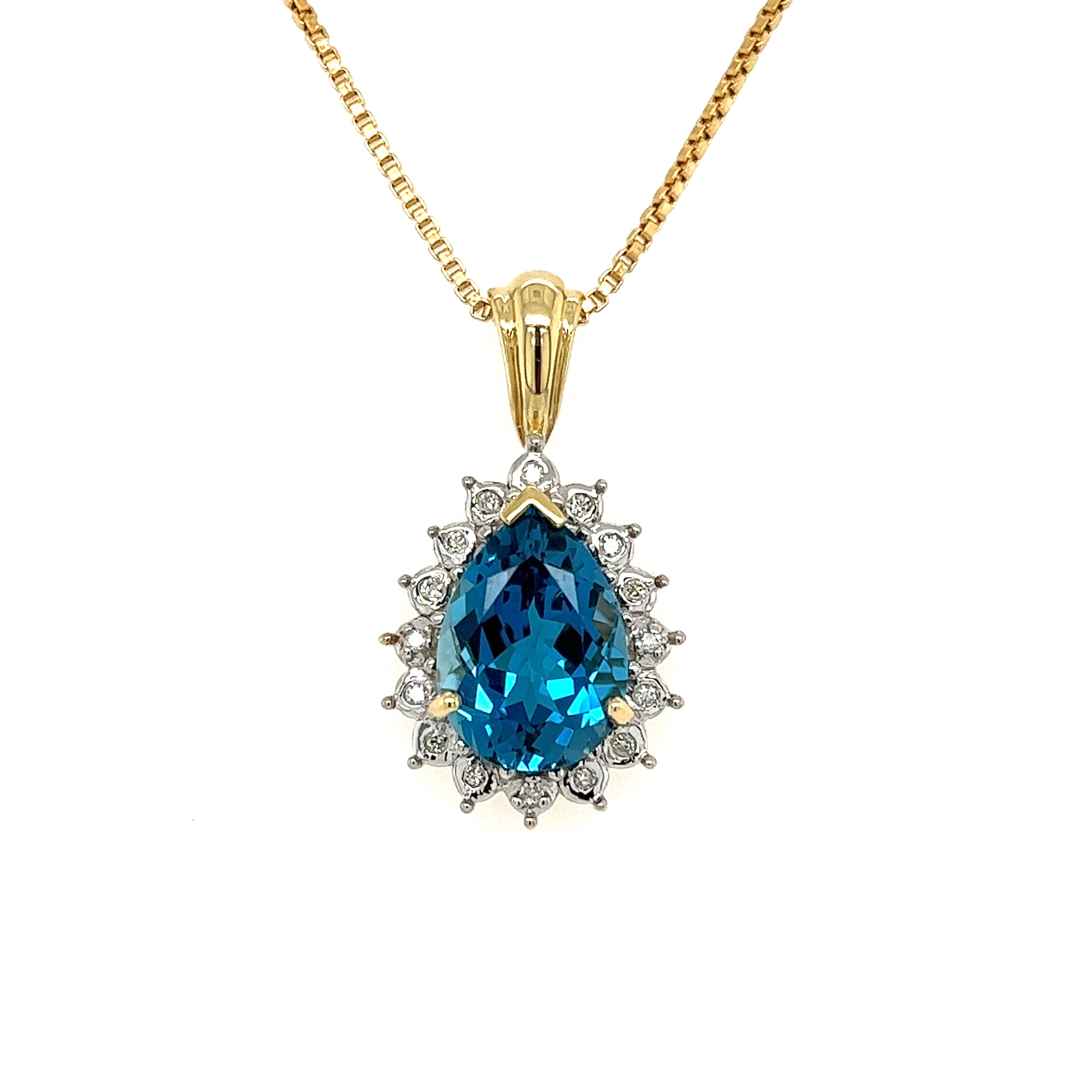 14K YG 6ct Pear London Blue Topaz & .16tcw Diamond Halo