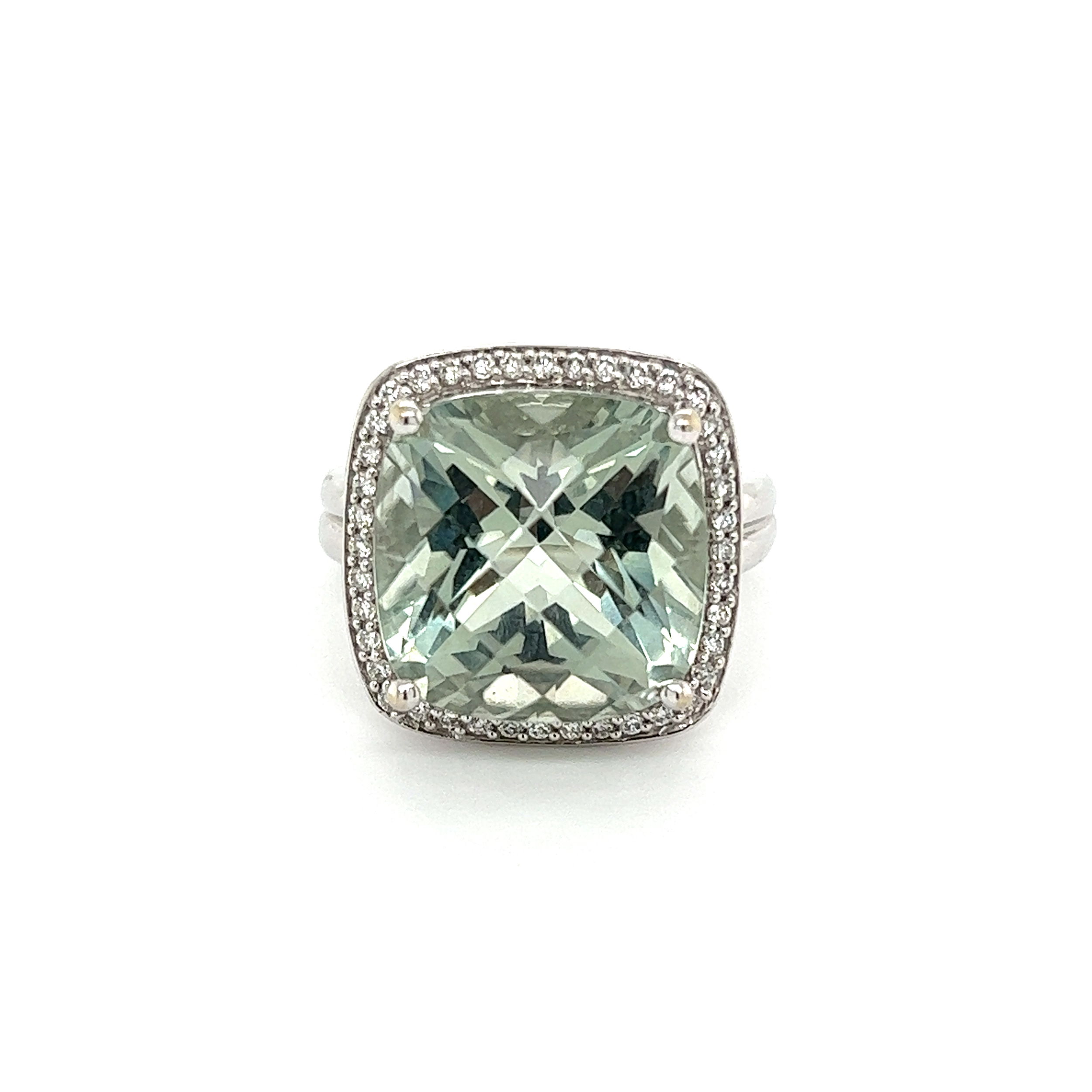 14K WG 10ct Checkerboard Cushion Prasiolite Amethyst & .20tcw Diamond Ring 9.4g, s7 14K WG 10ct Checkerboard Cushion Prasiolite Amethyst & .20tcw Diamond Ring 9.4g, s7