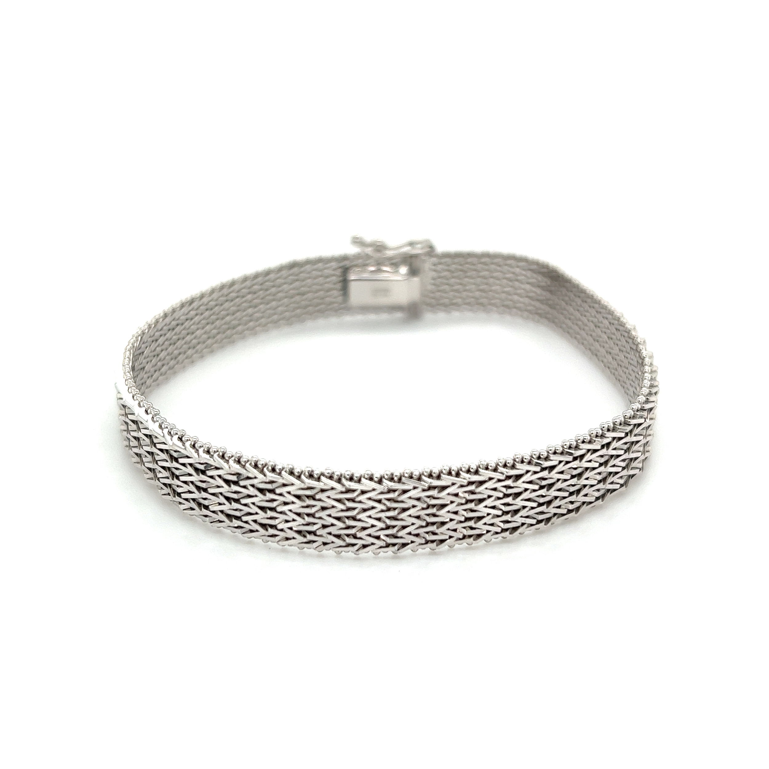 14K WG Bola Wheat 9.5mm Mesh Bracelet 22.6g, 7.25"