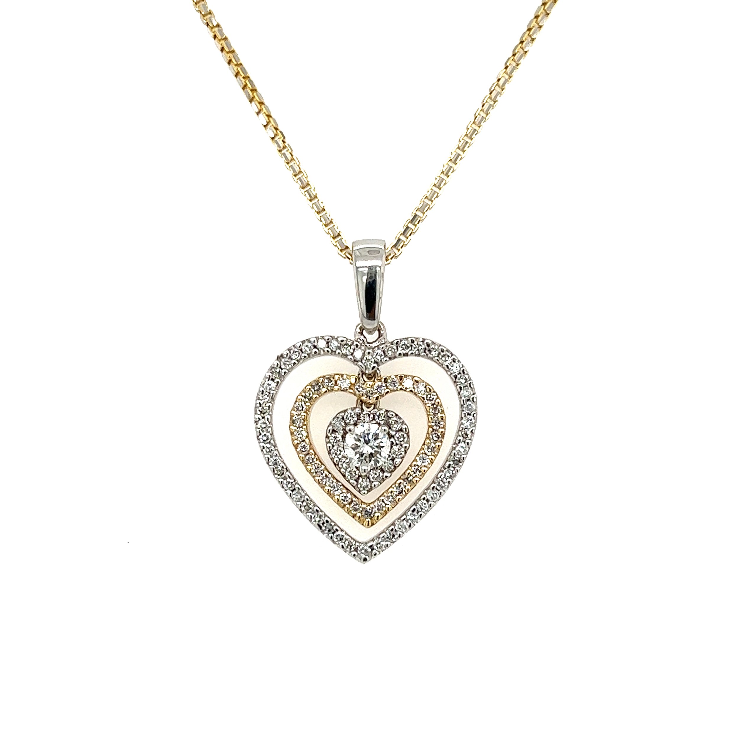 14K 2tone .22ct RBC Diamond & .47tcw Diamond Double Heart Necklace 6.7g, 18"
