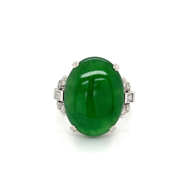 Closeup photo of Platinum Art Deco 8ct Oval Natural A Jade & .30tcw Diamond Ring 9.8g, s5.75 Fingermate Mason Kay Report