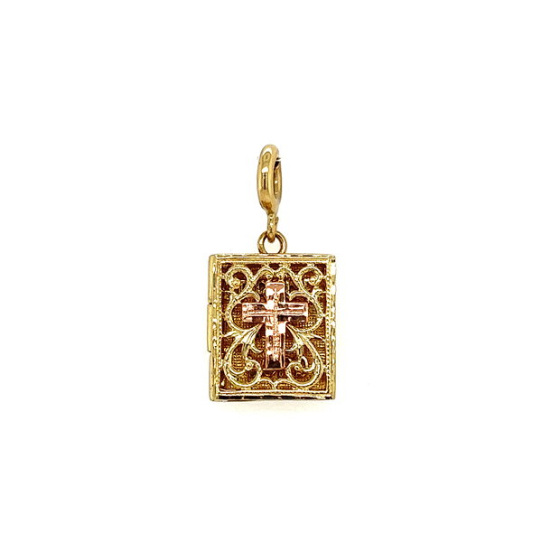 Closeup photo of 14K YG RG Cross Bible Charm Praise the Lord Inside Spring Clasp 2.5G