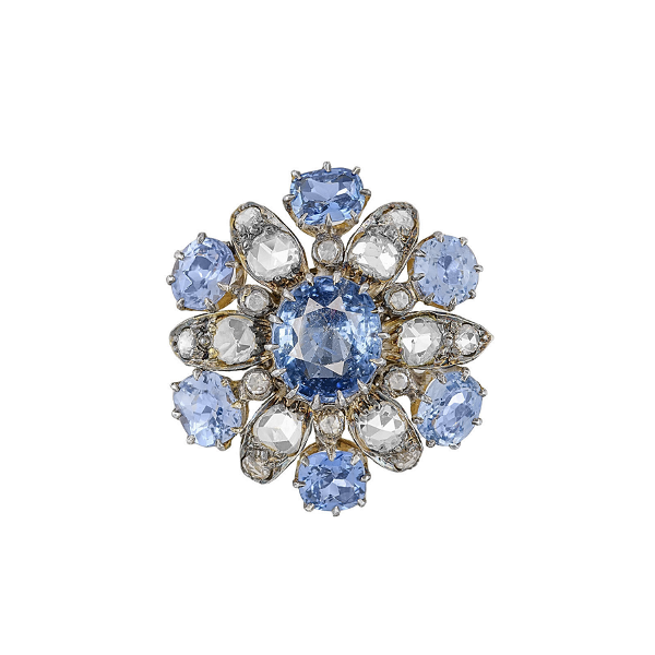 Closeup photo of Silver on 14K Victorian 2.80ct NO HEAT Sapphire GIA, .90tcw Diamond & 3tcw Sapphire Ring 7.1g, s6.75