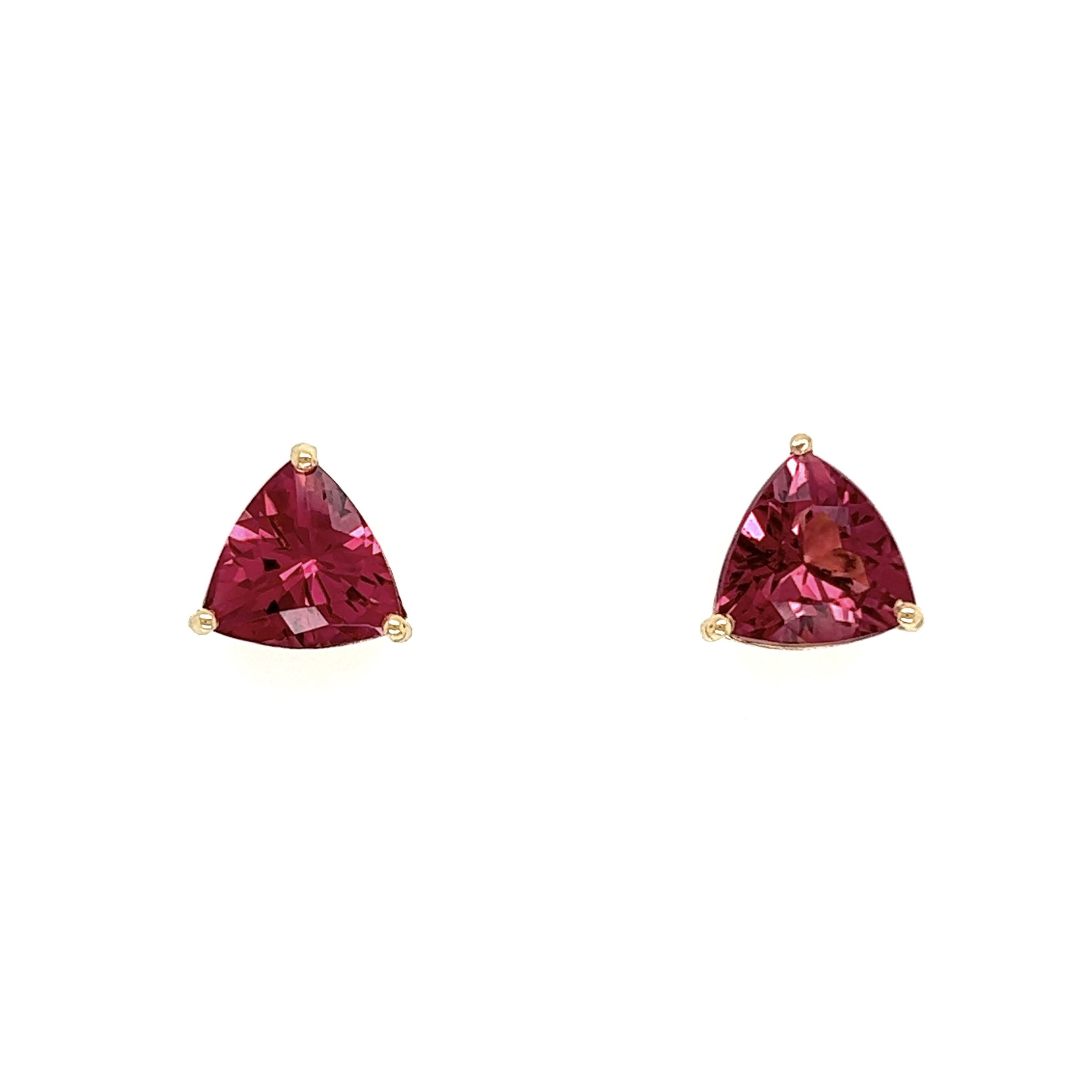 14K YG 3.05tcw Trillion Rubellite Tourmaline Stud Earrings 2.5g, 9.1mm