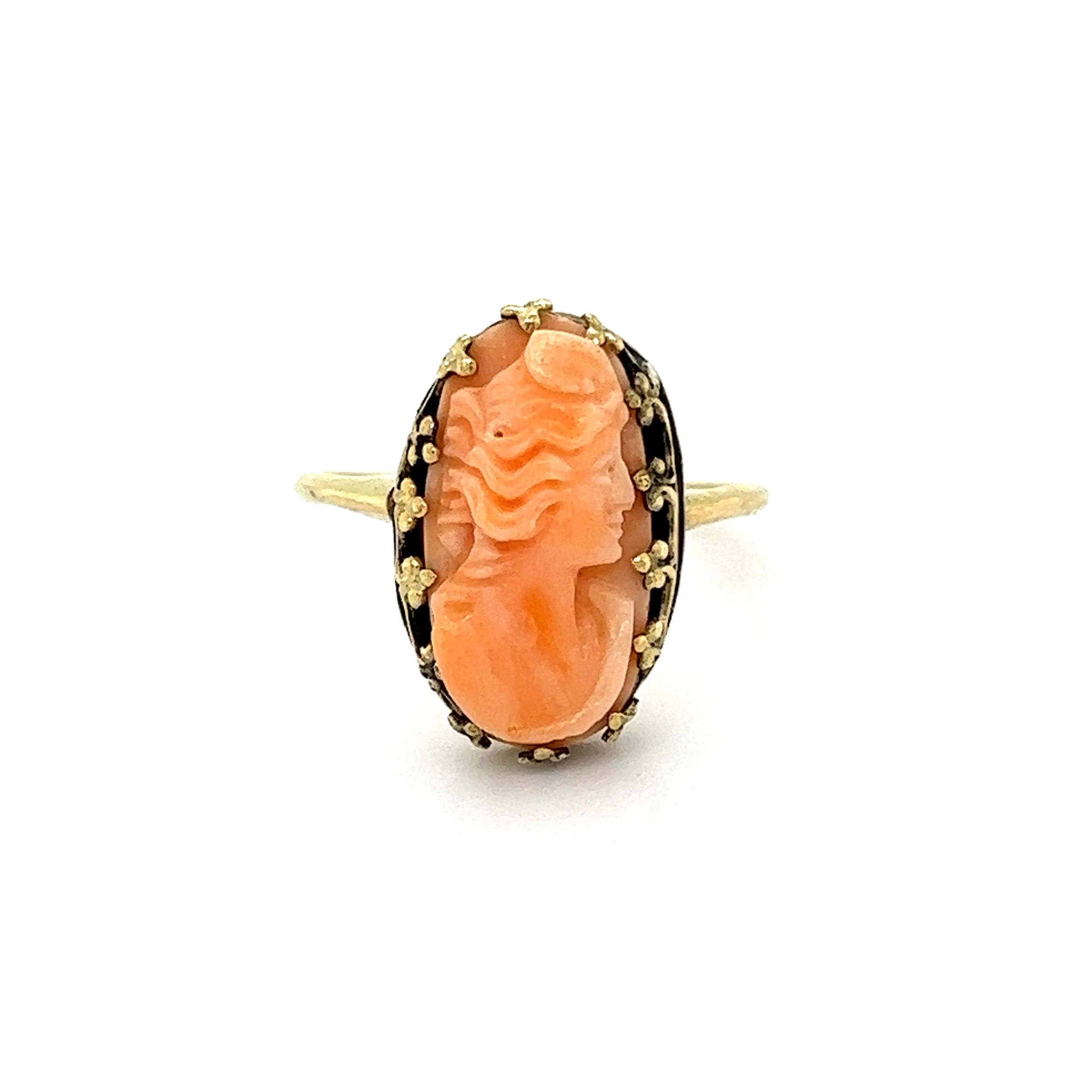 14K & GF YG Victorian Carved Coral Cameo Oval Ring Setting Ring 2.6g, s7