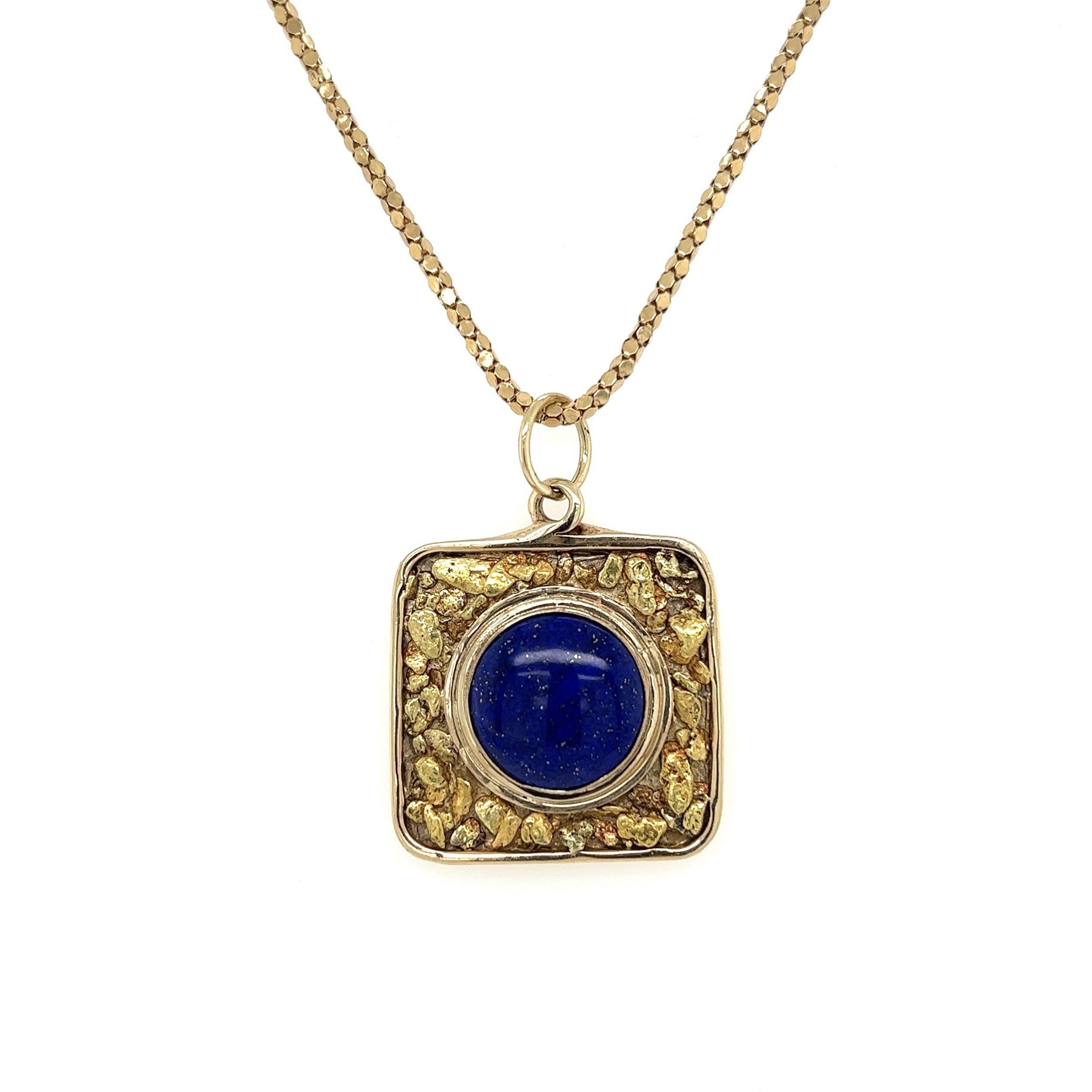 18K YG Square Nugget with Round 3ct Lapis Pendant 23.4g, 30"