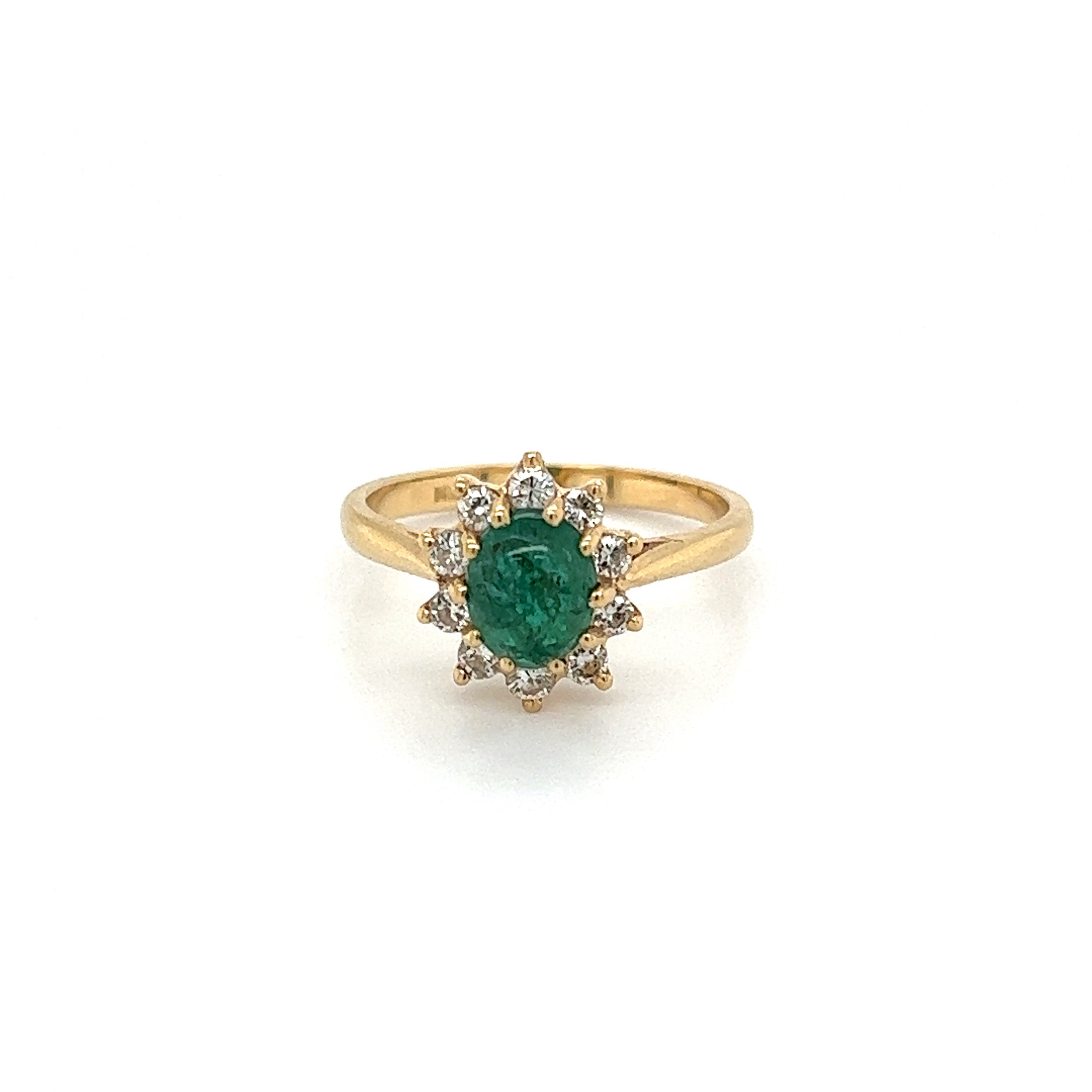 14K YG 1.5ct Cabochon Emerald & .25tcw Diamond Halo Ring 2.6g, 6.25