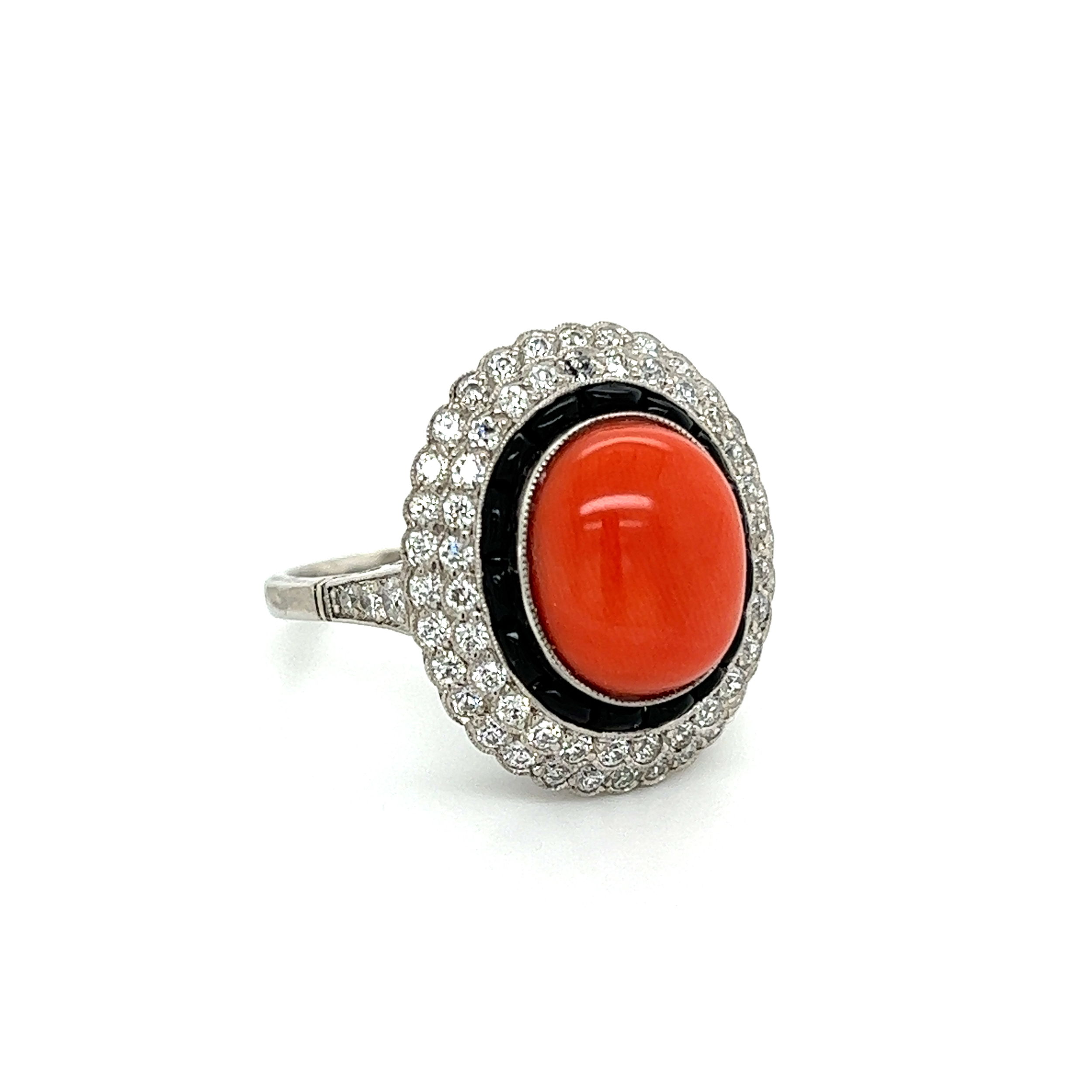 66 Old European cut diamonds are approx. 1.11tcw and 15 custom cut onyx Platinum 6ct Oval Cabochon Coral, 1.11tcw OEC Diamonds & 1tcw Onyx Ring 8.9g, s7.5