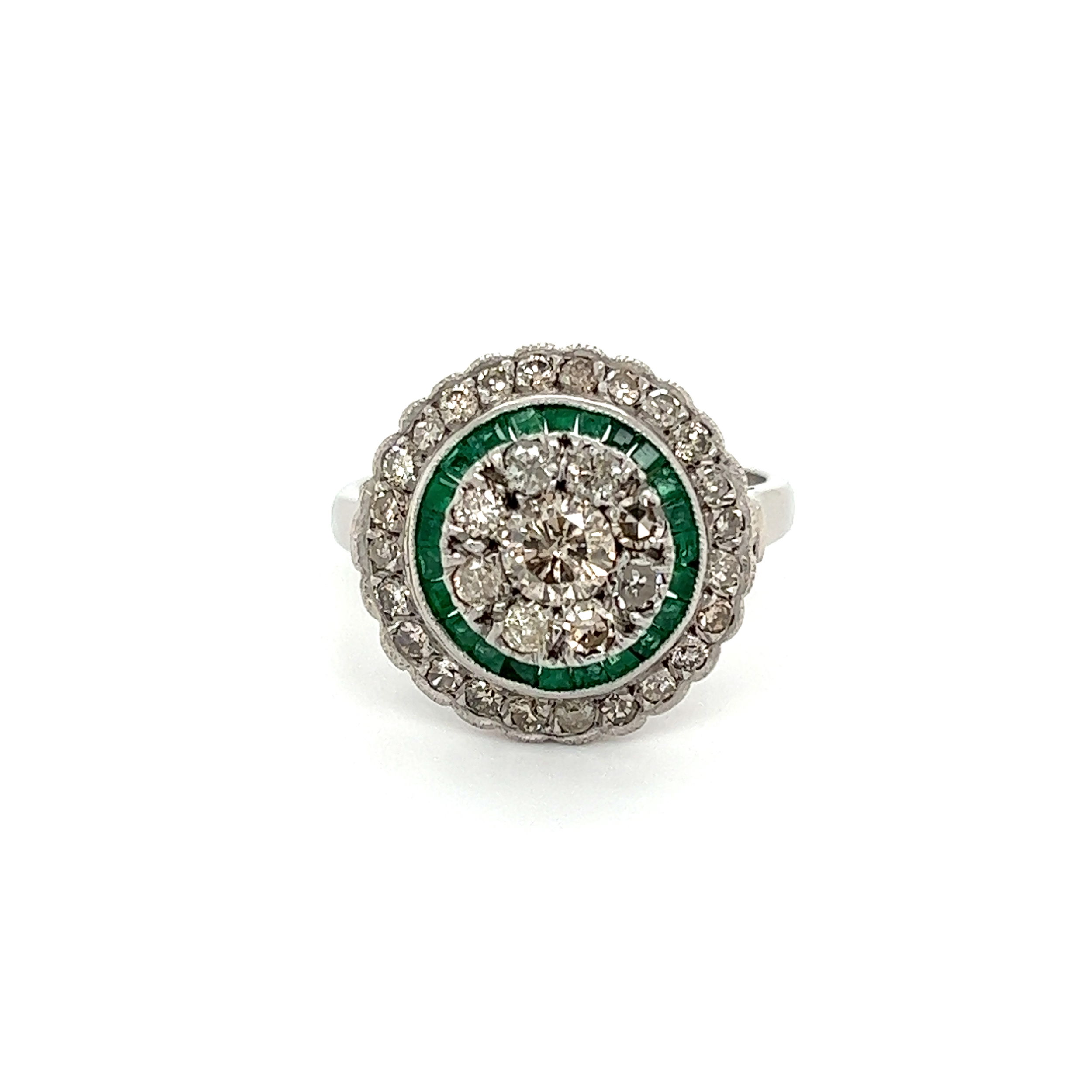 center diamond is approx. .40ct 6K WG Vintage 1.20tcw Diamond & .60tcw Emerald Round Halo Cluster Ring 6.9g, s9