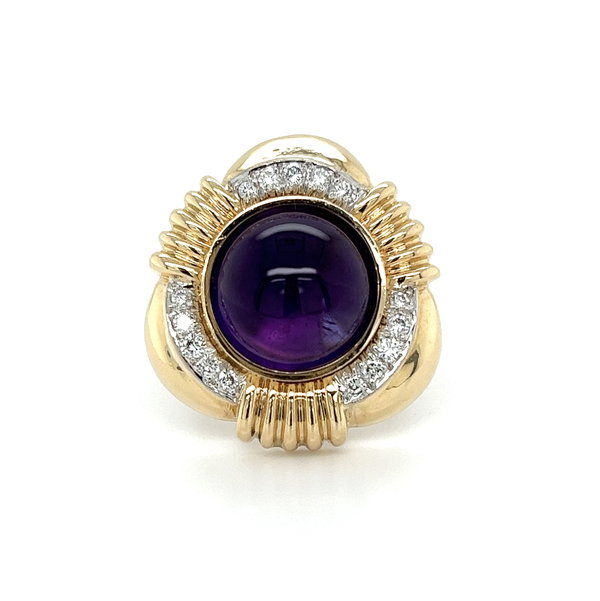 Closeup photo of 18K/14K YG 6ct Cabochon Amethyst & .75tcw Diamond Triangular Retro Ring 15.8g, s7.25