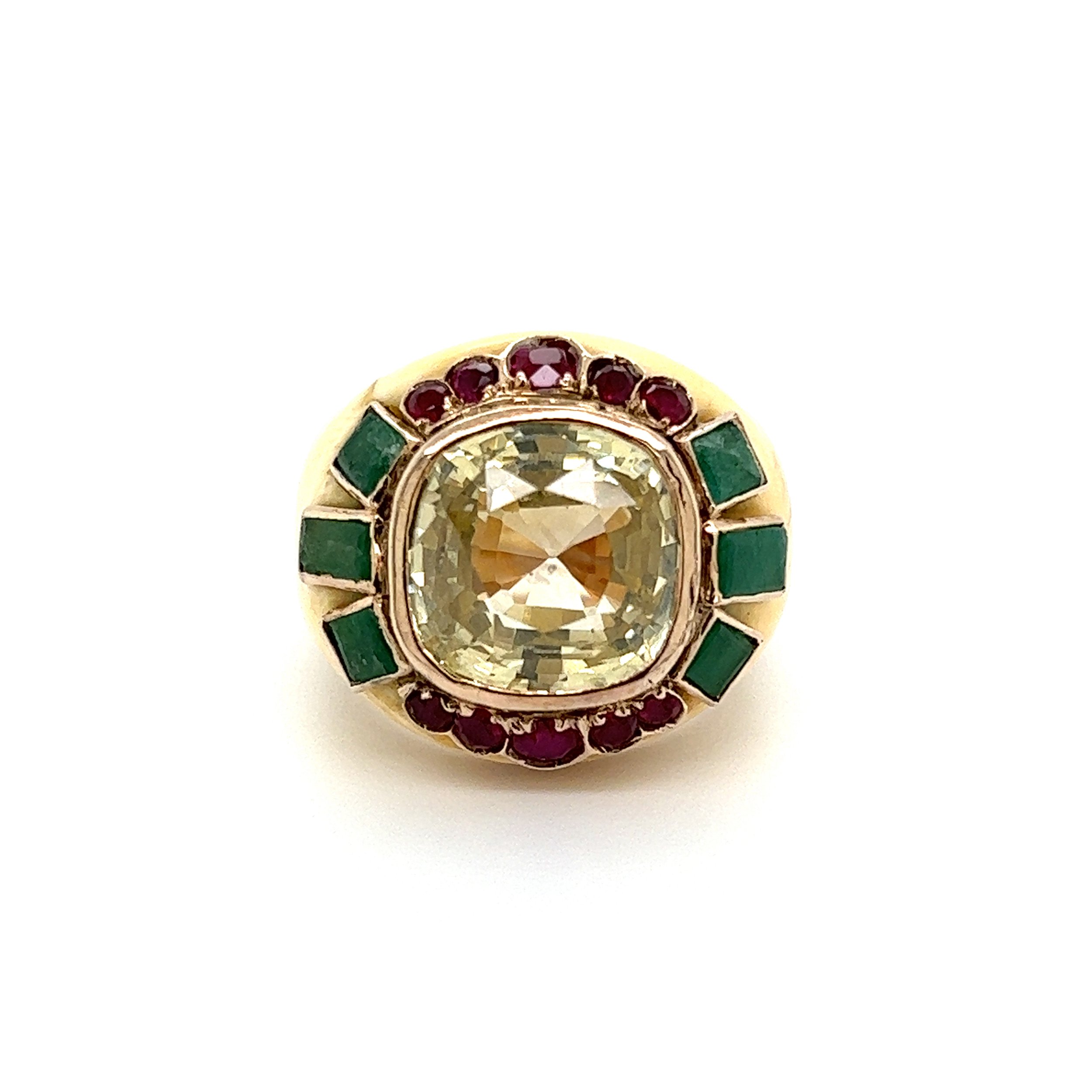 14K YG Vintage 13.25ct NO HEAT Yellow Sapphire GIA, 2tcw Emerald, .70tcw Ruby & Bone Ring 15.0g, s7