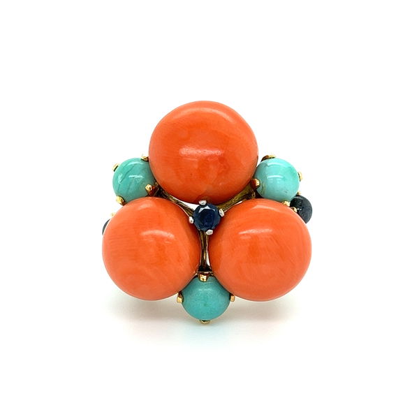 Closeup photo of 18K YG 1960's 21tcw Coral, 2tcw Turquoise & 1tcw Sapphire Cluster Ring 22.8g, s6.75