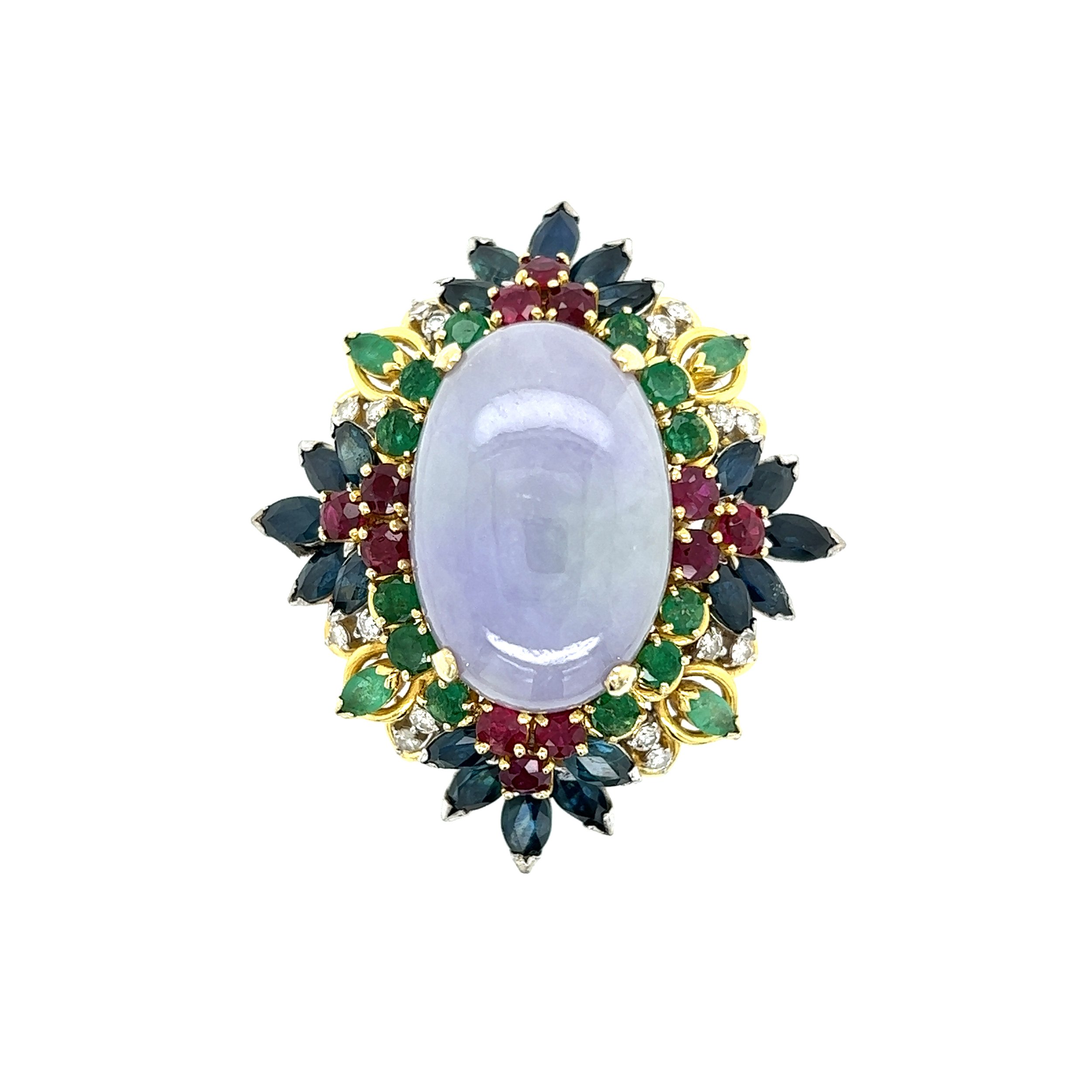 18K YG 1960's 18ct Lavender Jade, .30tcw Diamond, 1.8tcw Ruby, 3.5tcw Sapphire & 1.60tcw Emerald Bombay Ring 28.4g, s6.5