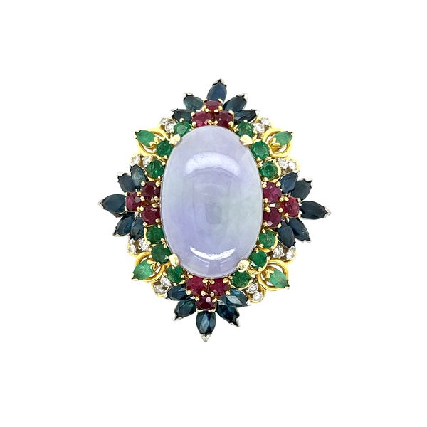 Closeup photo of 18K YG 1960's 18ct Lavender Jade, .30tcw Diamond, 1.8tcw Ruby, 3.5tcw Sapphire & 1.60tcw Emerald Bombay Ring 28.4g, s6.5