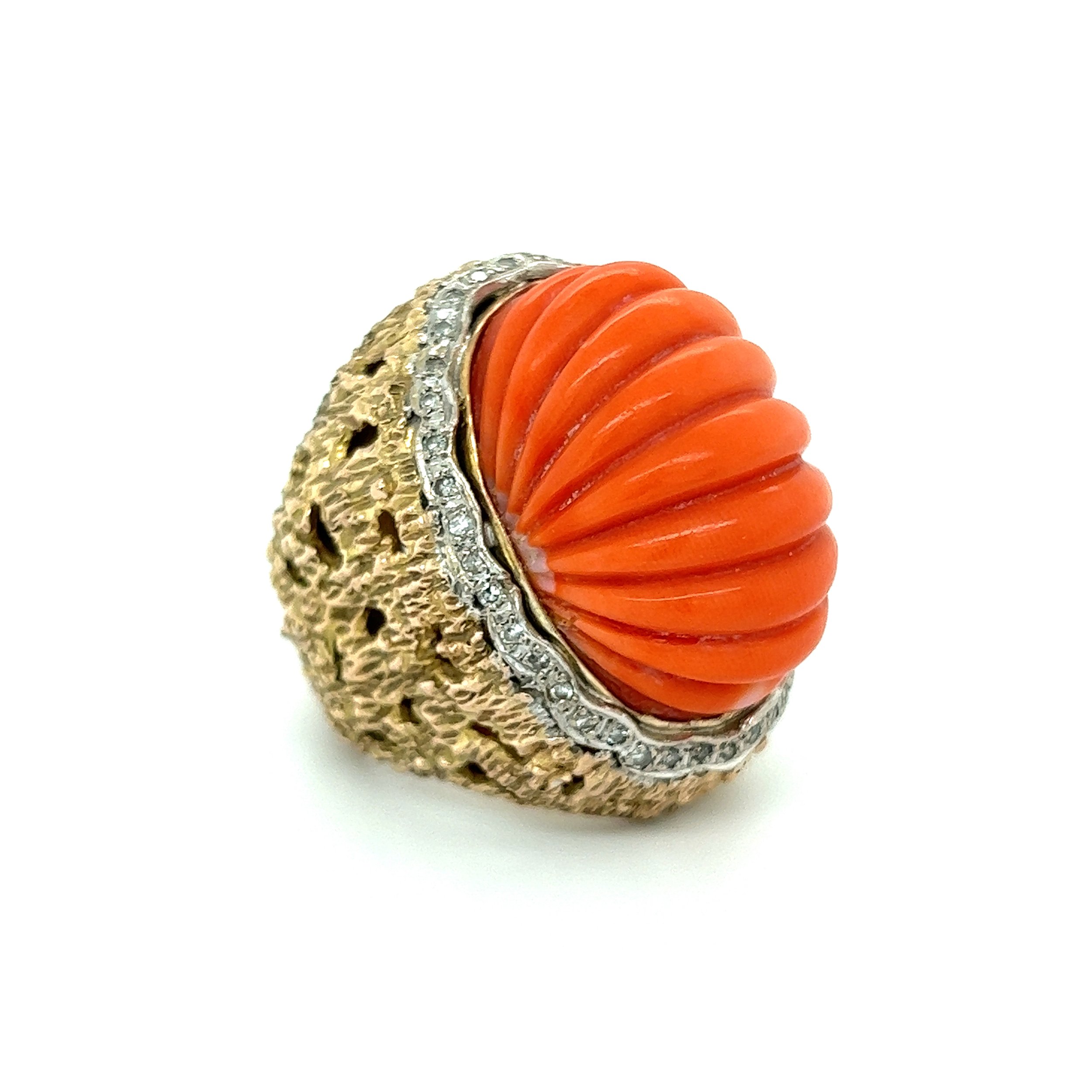 14K YG 1960's Fluted Oval Coral & .40tcw Diamond Nugget Style Ring 26.2g, s6