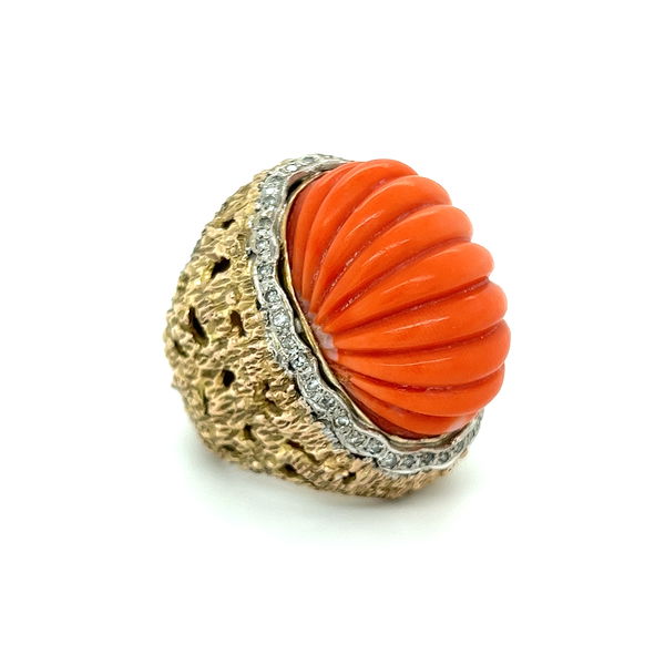 Closeup photo of 14K YG 1960's Fluted Oval Coral & .40tcw Diamond Nugget Style Ring 26.2g, s6