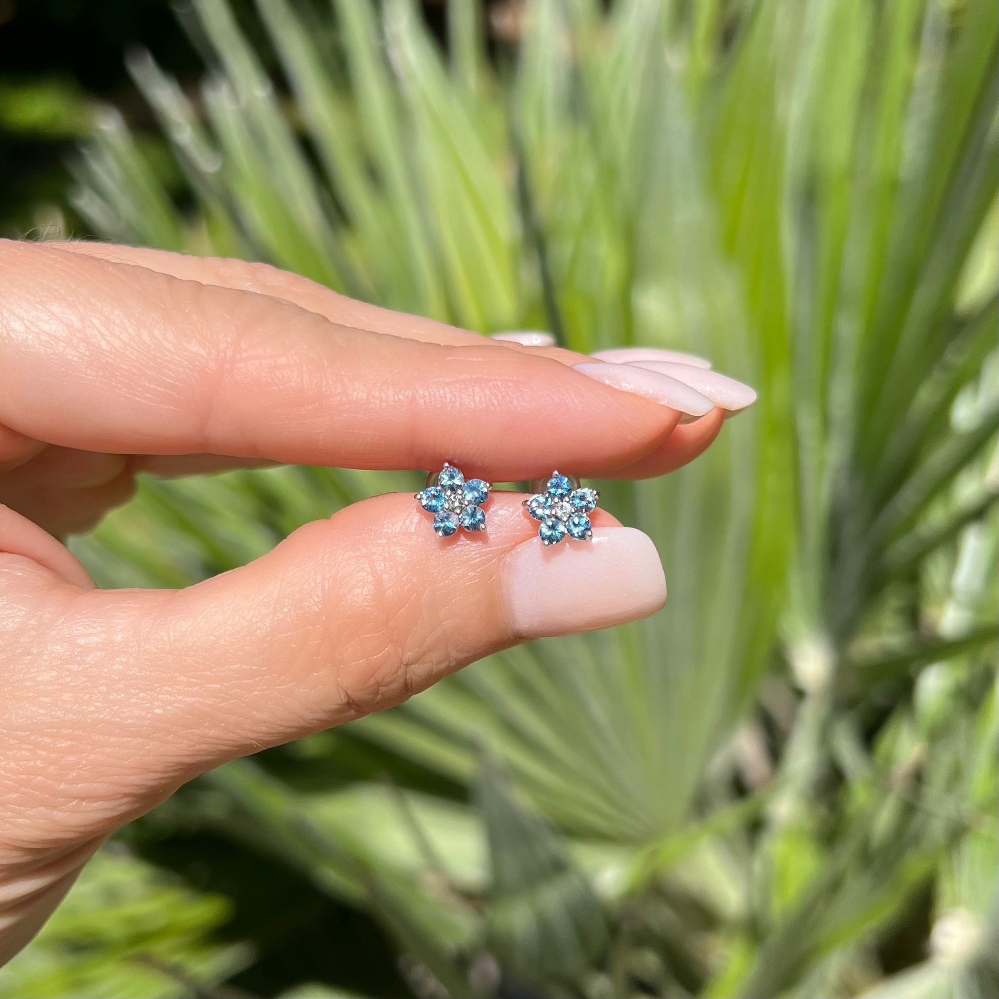 Platinum .66tcw Round Aquamarine & .04tcw Diamond Cluster Flower Earrings .9g