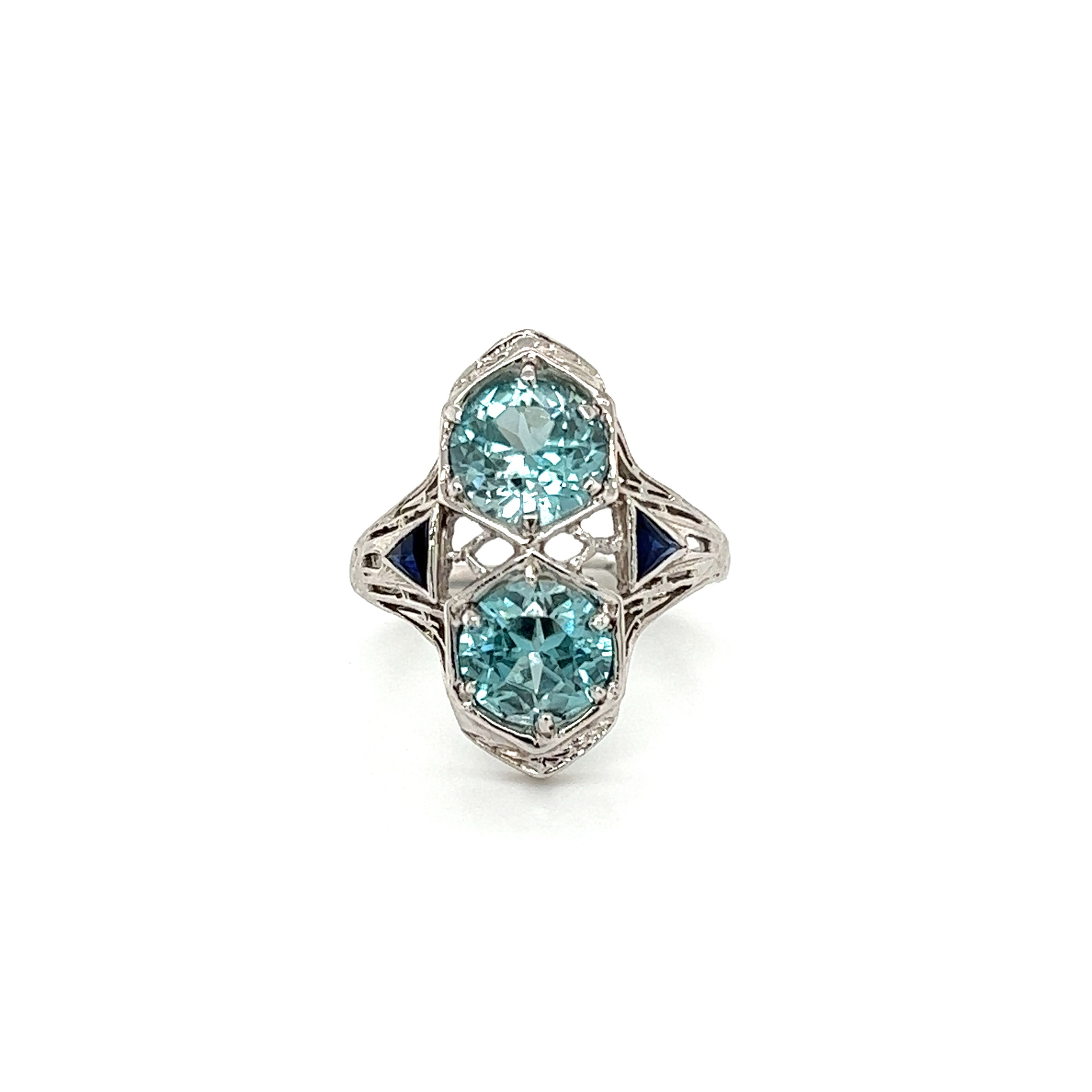 18K WG Art Deco 5tcw 2 Stone Round Blue Zircon & Syn. Sapphire Navette Ring 4.0g, s5.5 18K WG Art Deco 5tcw 2 Stone Round Blue Zircon & Syn. Sapphire Navette Ring 4.0g, s5.5