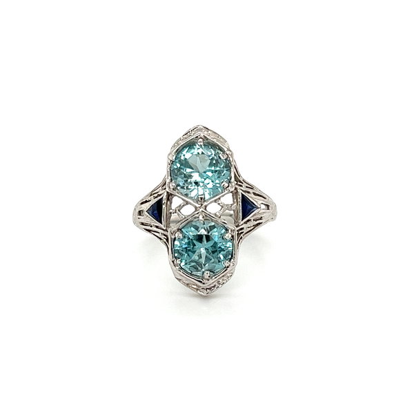 Closeup photo of 18K WG Art Deco 5tcw 2 Stone Round Blue Zircon & Syn. Sapphire Navette Ring 4.0g, s5.5