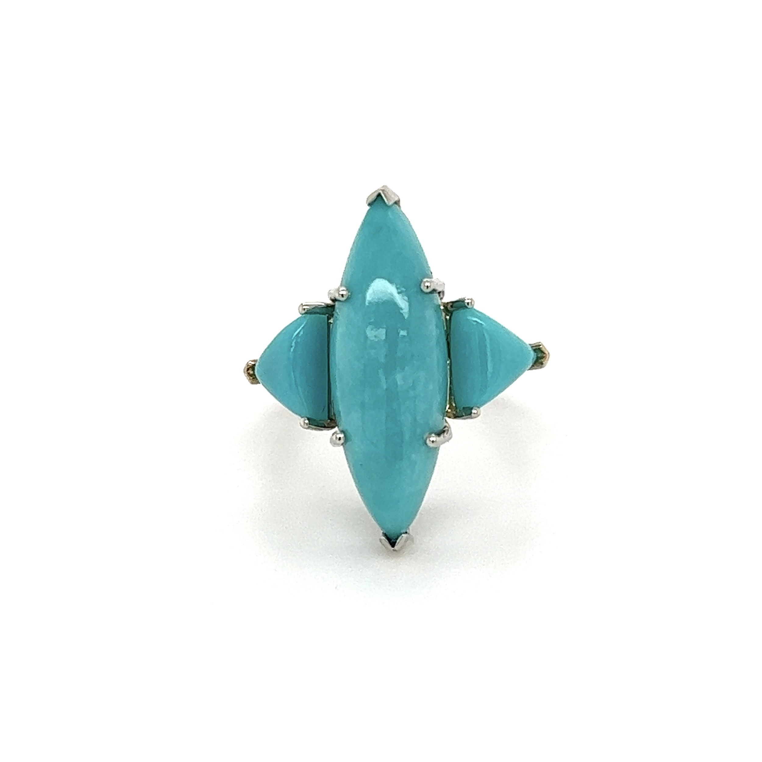 14K WG 3 Stone Marquis & Trillion 4tcw Turquoise Navette Ring 7.3g, s6.25 14K WG 3 Stone Marquis & Trillion 4tcw Turquoise Navette Ring 7.3g, s6.25