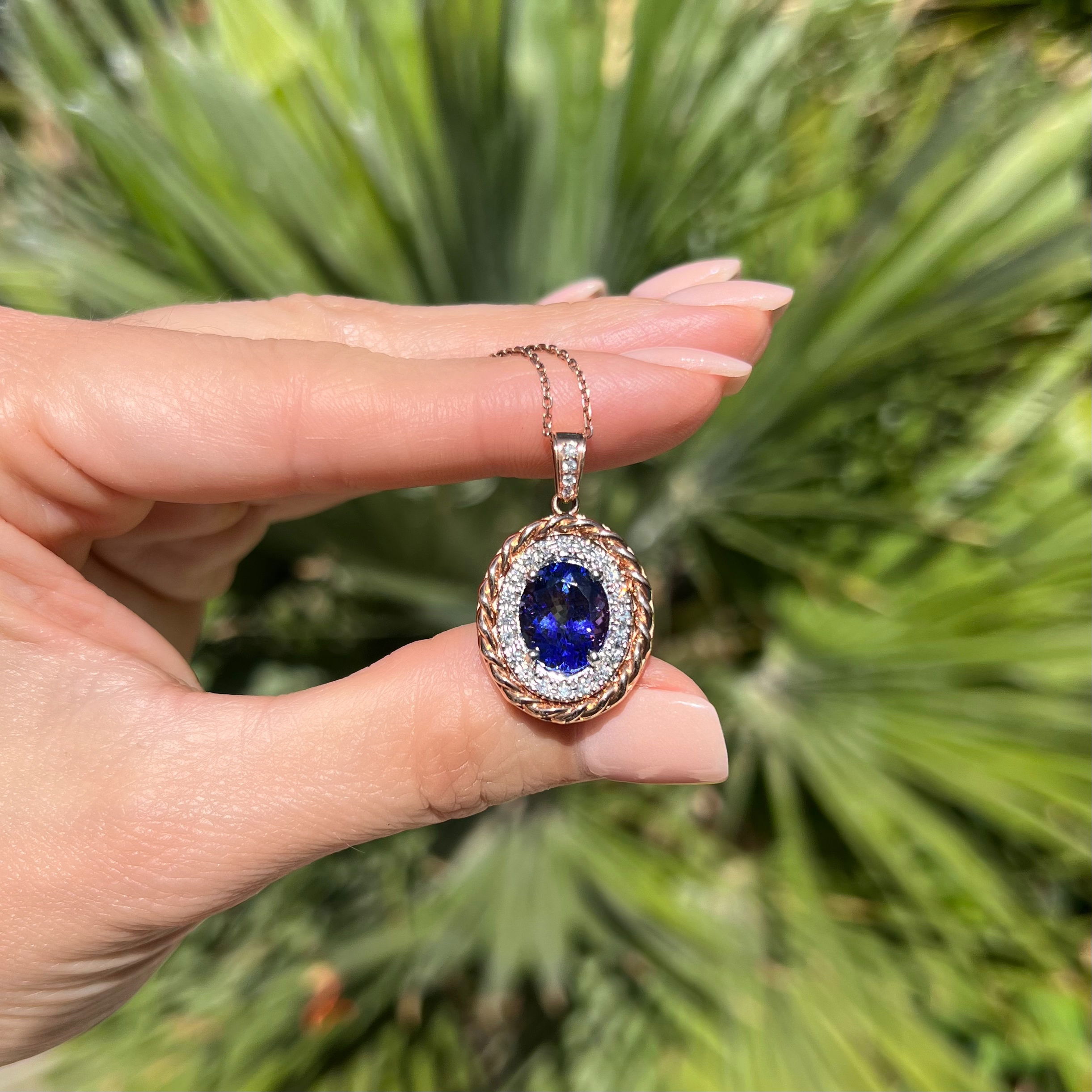14K RG S. Fiore 4.44ct Oval Tanzanite, .54tcw Diamond Halo & Rope Halo Necklace 8.4g, on 925 Chain 18" 14K RG S. Fiore 4.44ct Oval Tanzanite, .54tcw Diamond Halo & Rope Halo Necklace 8.4g, on 925 Chain 18"