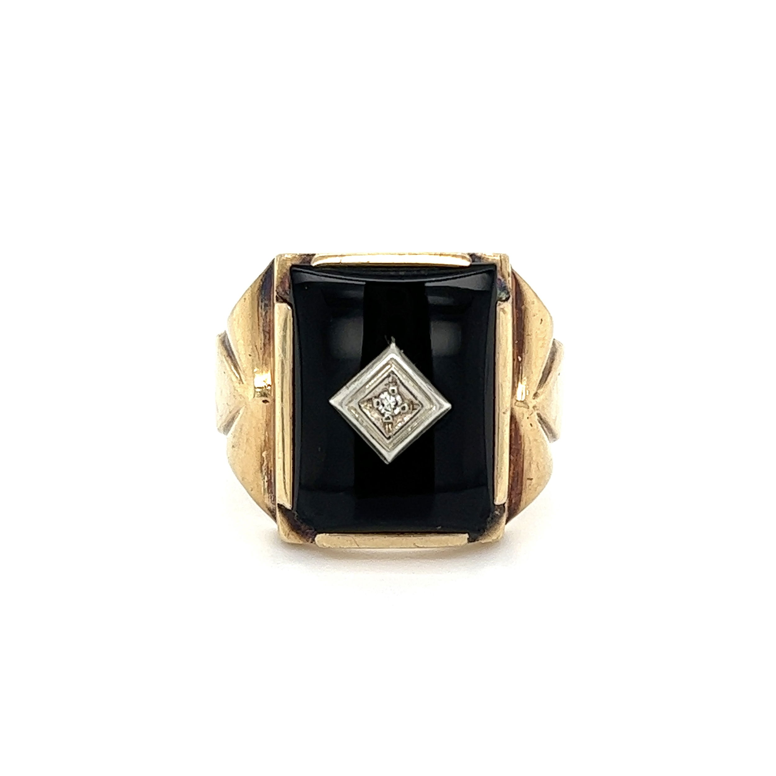 10K YG Square Onyx Slab & .01ct Single Cut Diamond 17.2mm Band Ring 5.2g, s10